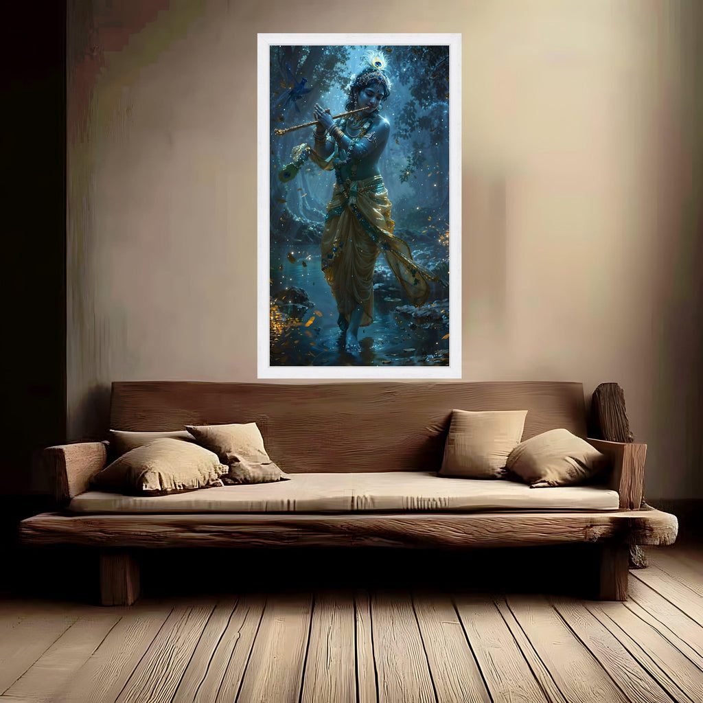 Divine Krishna Playing Flute, Mystical Forest Scene Canvas, Indian Spiritual Wall Art, Sacred Blue God Canvas, Ready to Hang Ready To Hang,