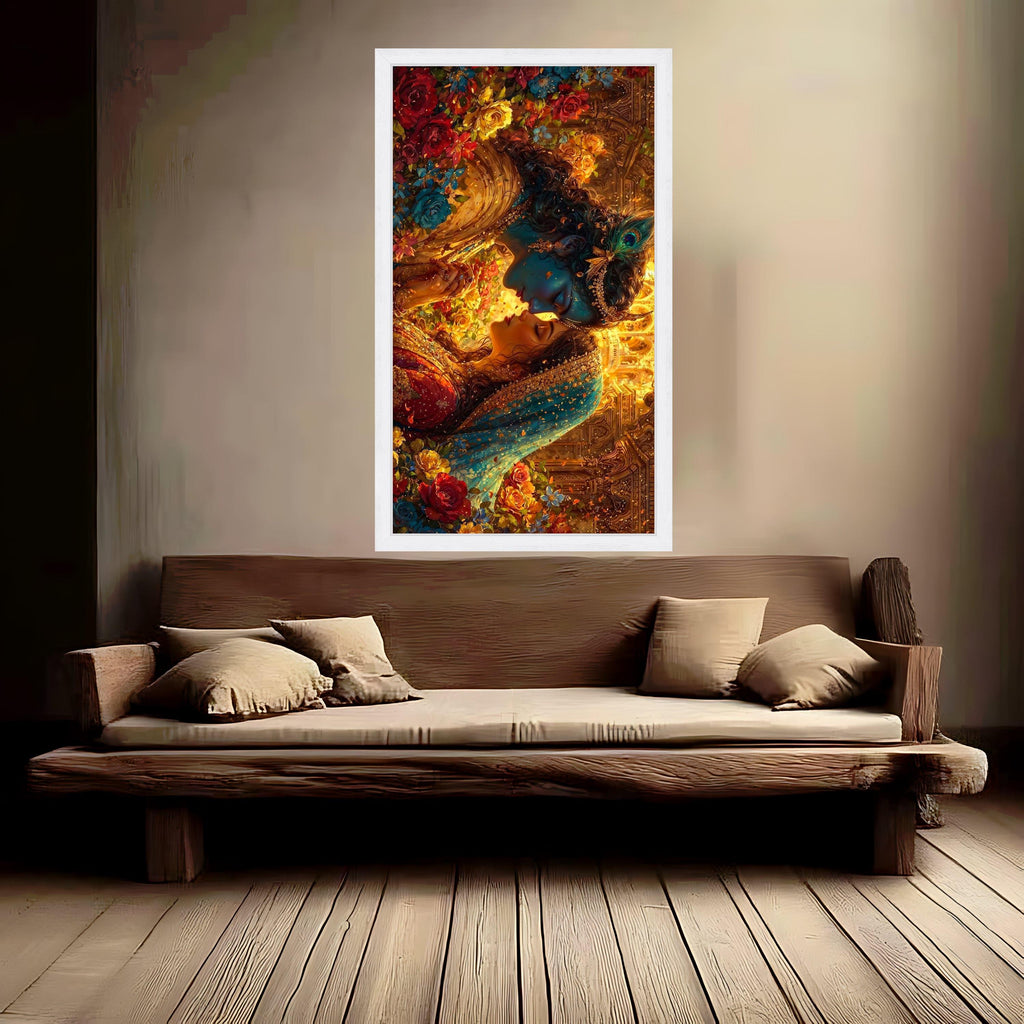 Romantic Krishna Radha Canvas, Mythological Indian Art, Floral Traditional Wall Decor, Divine Love Painting, Vibrant Home Ready To Hang,