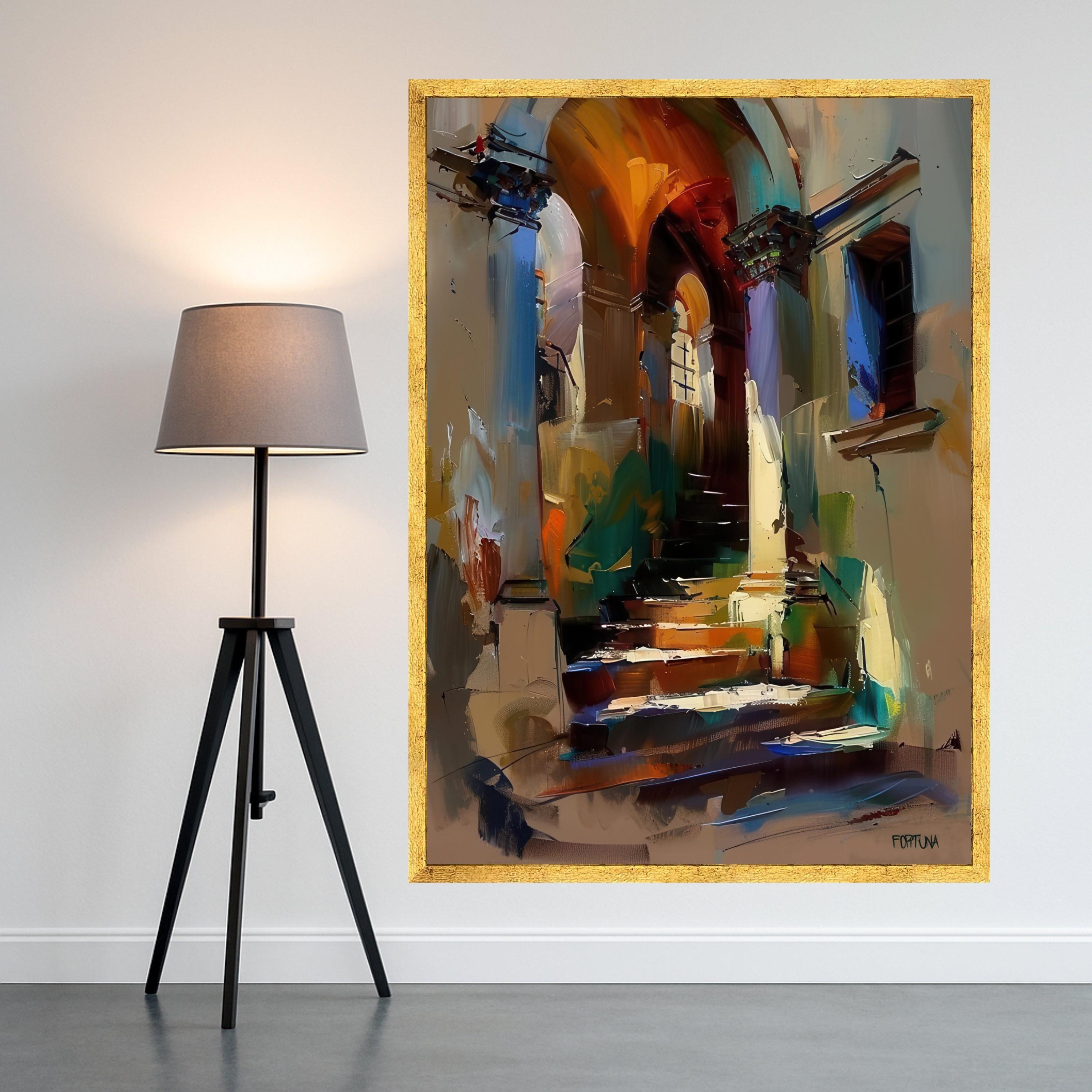 Abstract Mediterranean Stairway Canvas, Colorful Archway Wall Art, Urban Landscape, Modern Home Decoration, Ready to Hang Ready To Hang,