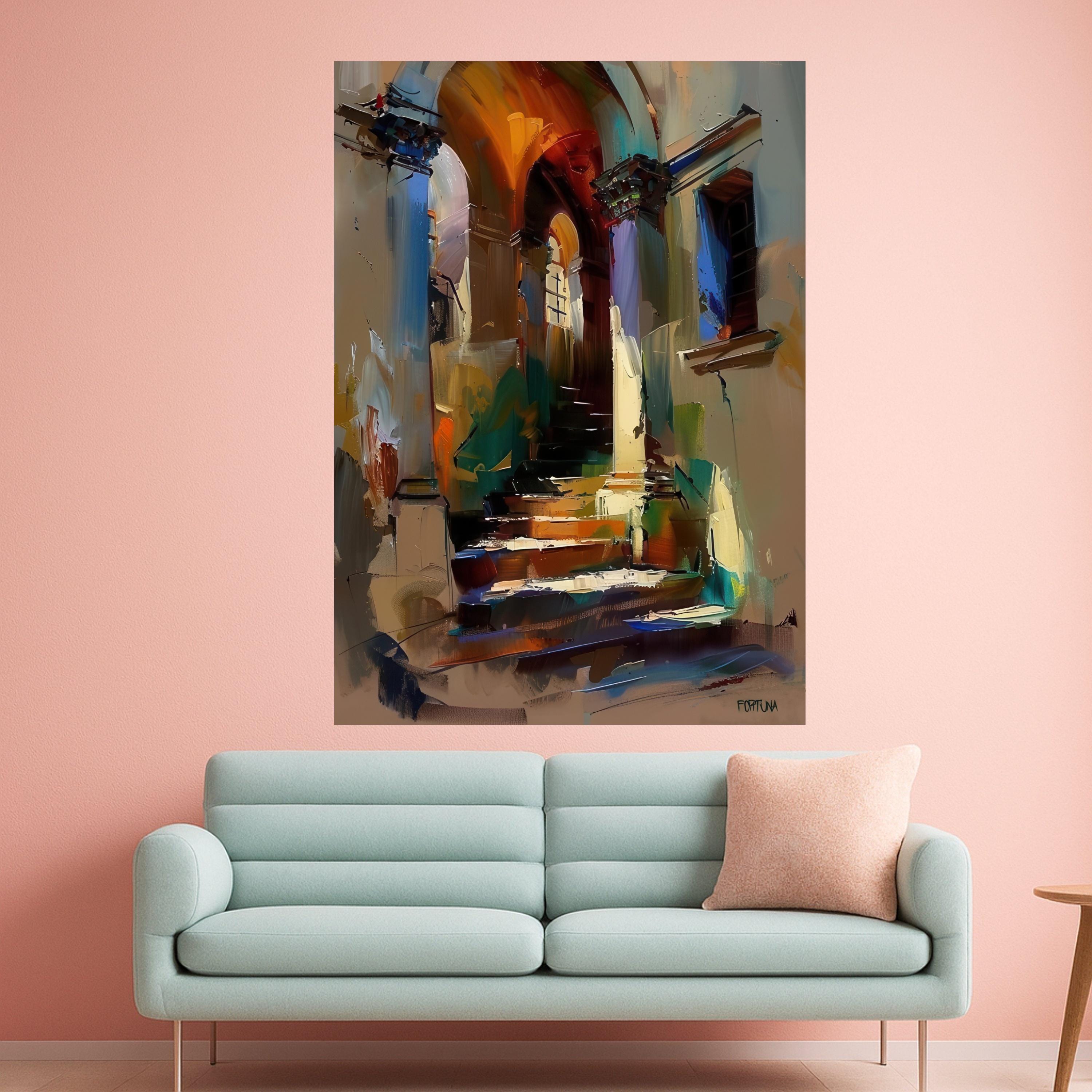 Abstract Mediterranean Stairway Canvas, Colorful Archway Wall Art, Urban Landscape, Modern Home Decoration, Ready to Hang Ready To Hang,