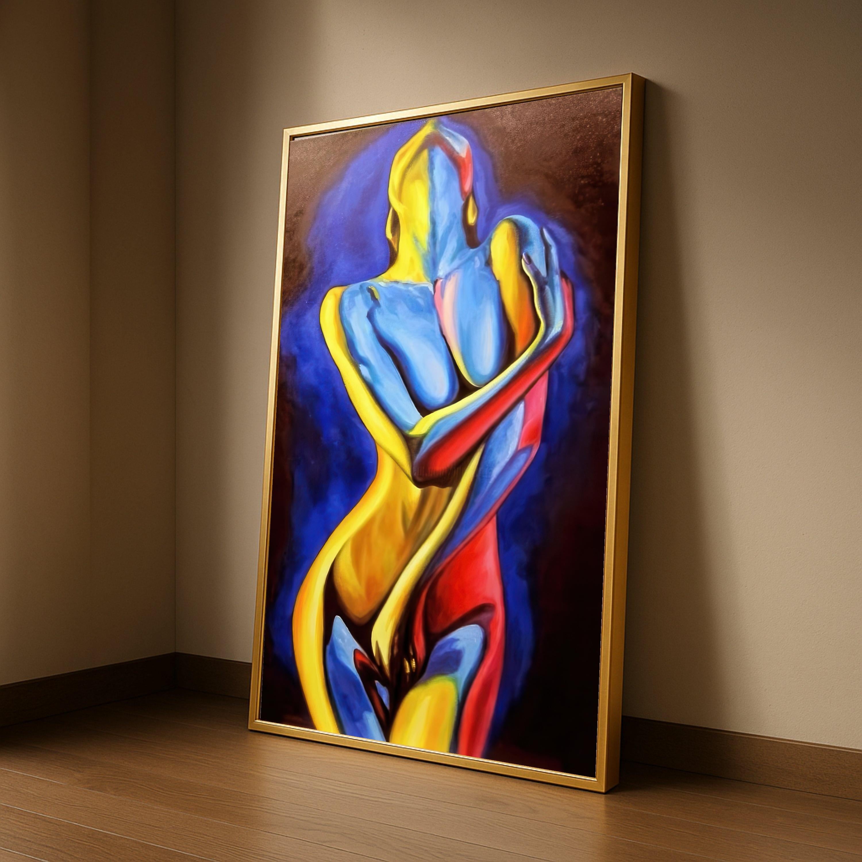 Abstract Embrace Canvas, Colorful Nude Figure Art, Modern Figurative Painting, Contemporary Wall Decor, Erotic Home Ready To Hang,