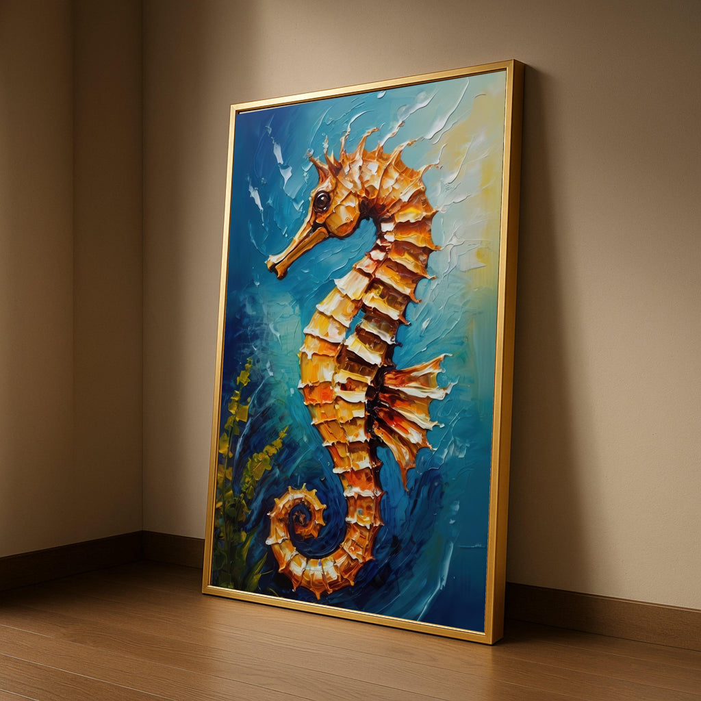 Vibrant Seahorse Canvas Wall Art, Ocean Life Painting, Coastal Home Decor, Marine Animal Artwork, Blue Sea Background, Ready To Hang,