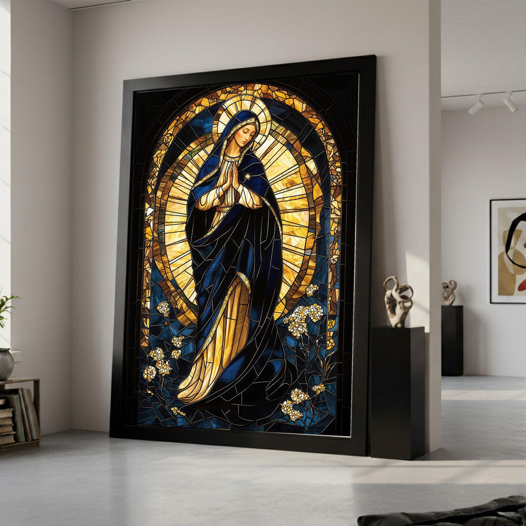 Praying Virgin Mary Stained Glass Canvas, Religious Wall Art, Spiritual Catholic Canvas, Holy Mother Canvas Decor, Ready To Hang,