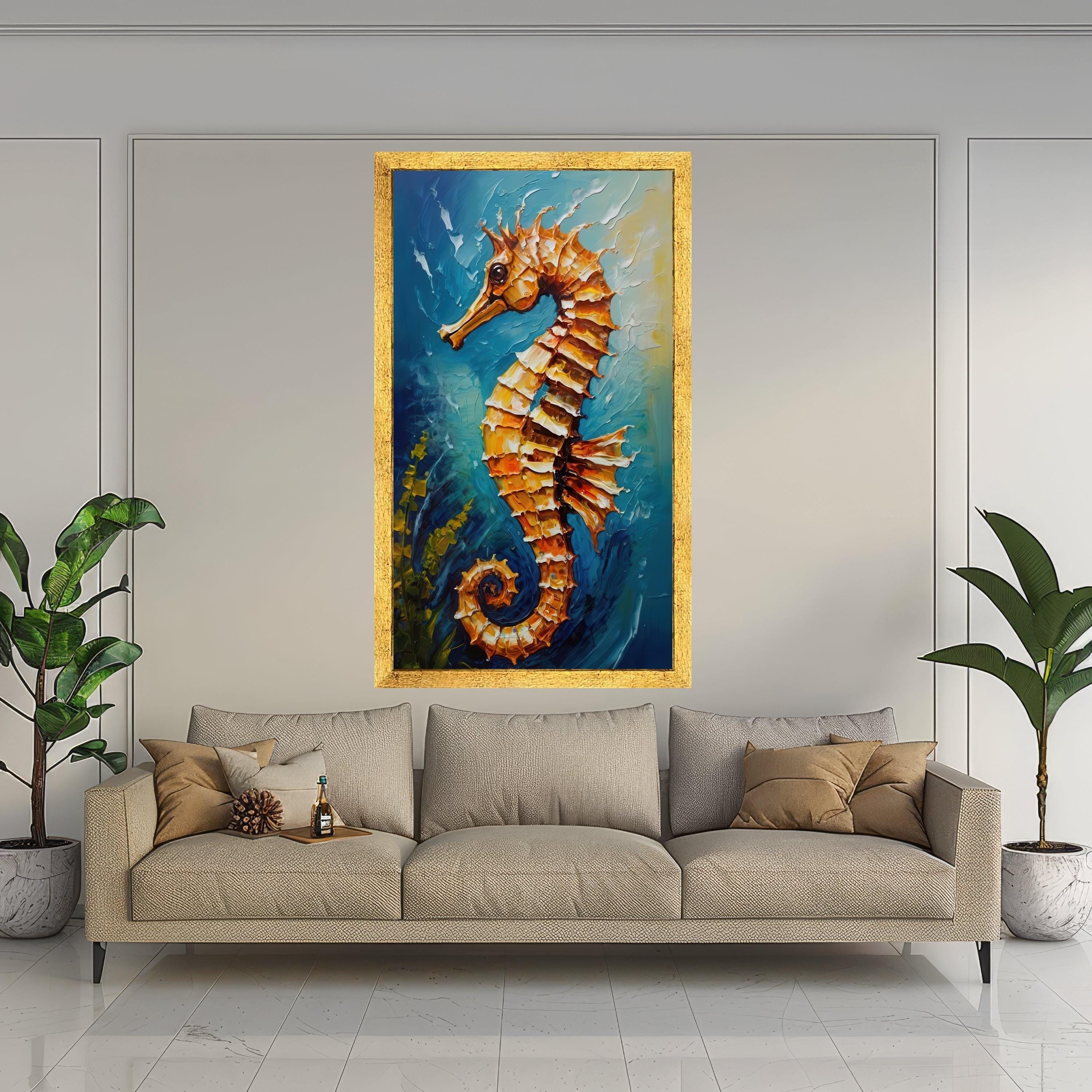 Vibrant Seahorse Canvas Wall Art, Ocean Life Painting, Coastal Home Decor, Marine Animal Artwork, Blue Sea Background, Ready To Hang,