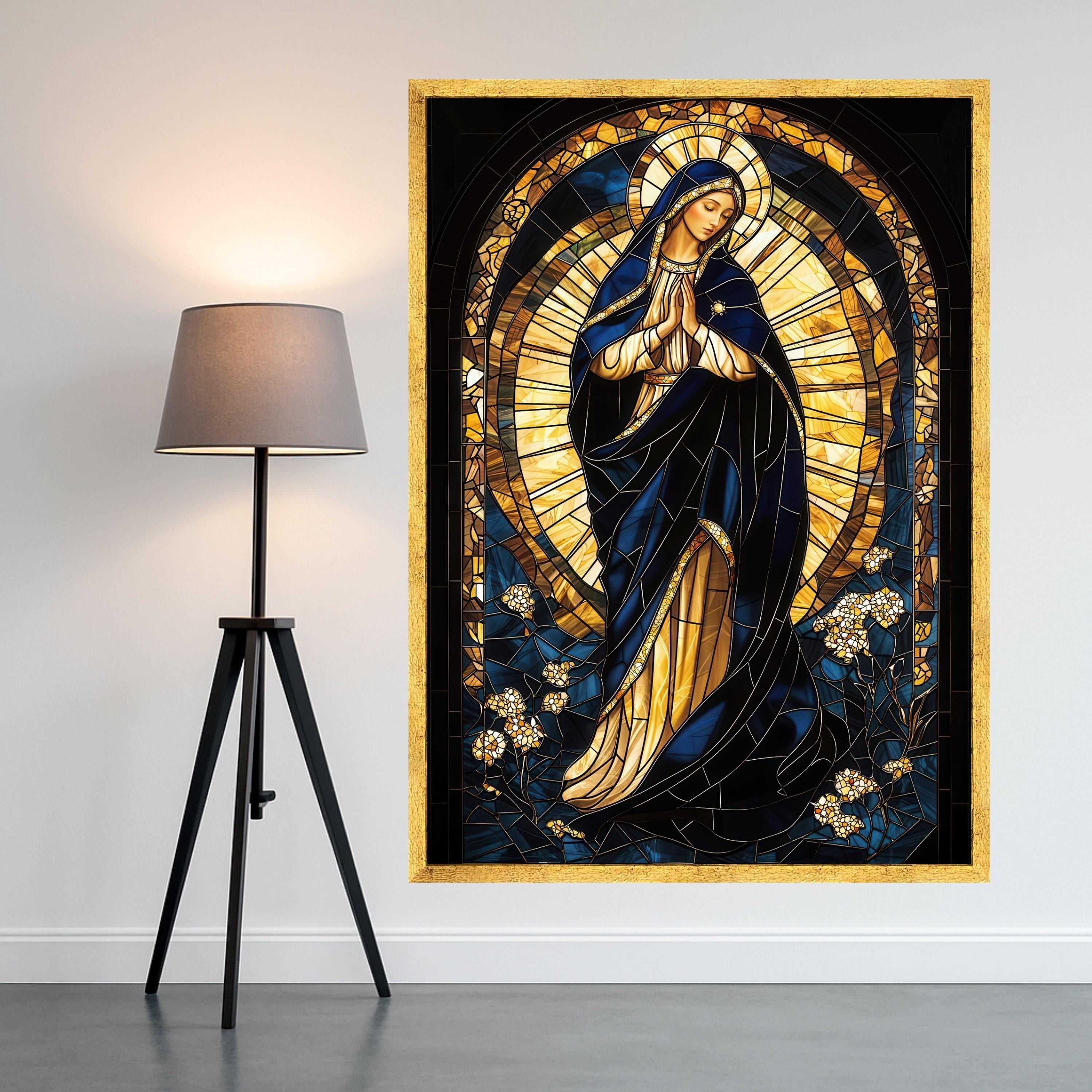 Praying Virgin Mary Stained Glass Canvas, Religious Wall Art, Spiritual Catholic Canvas, Holy Mother Canvas Decor, Ready To Hang,