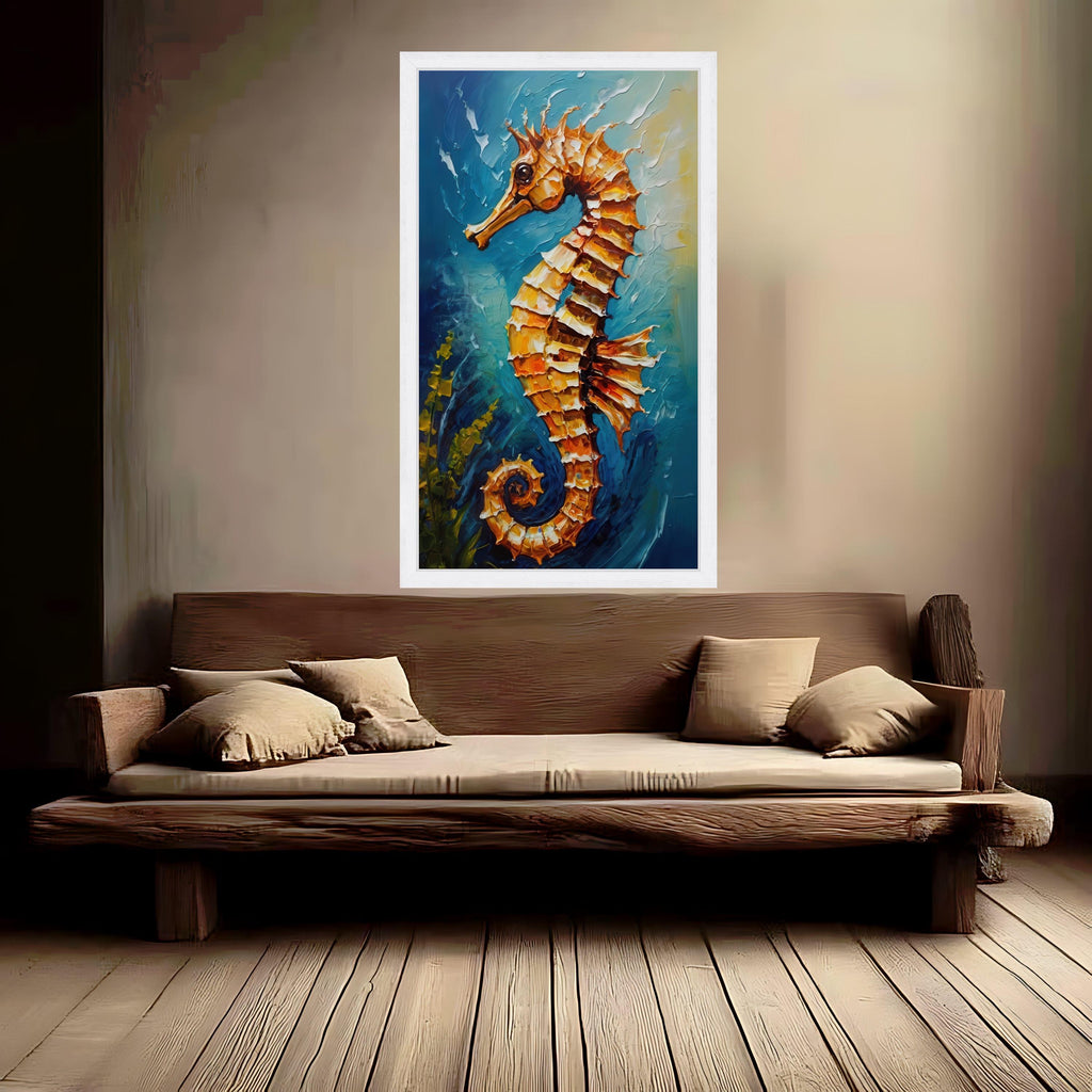 Vibrant Seahorse Canvas Wall Art, Ocean Life Painting, Coastal Home Decor, Marine Animal Artwork, Blue Sea Background, Ready To Hang,