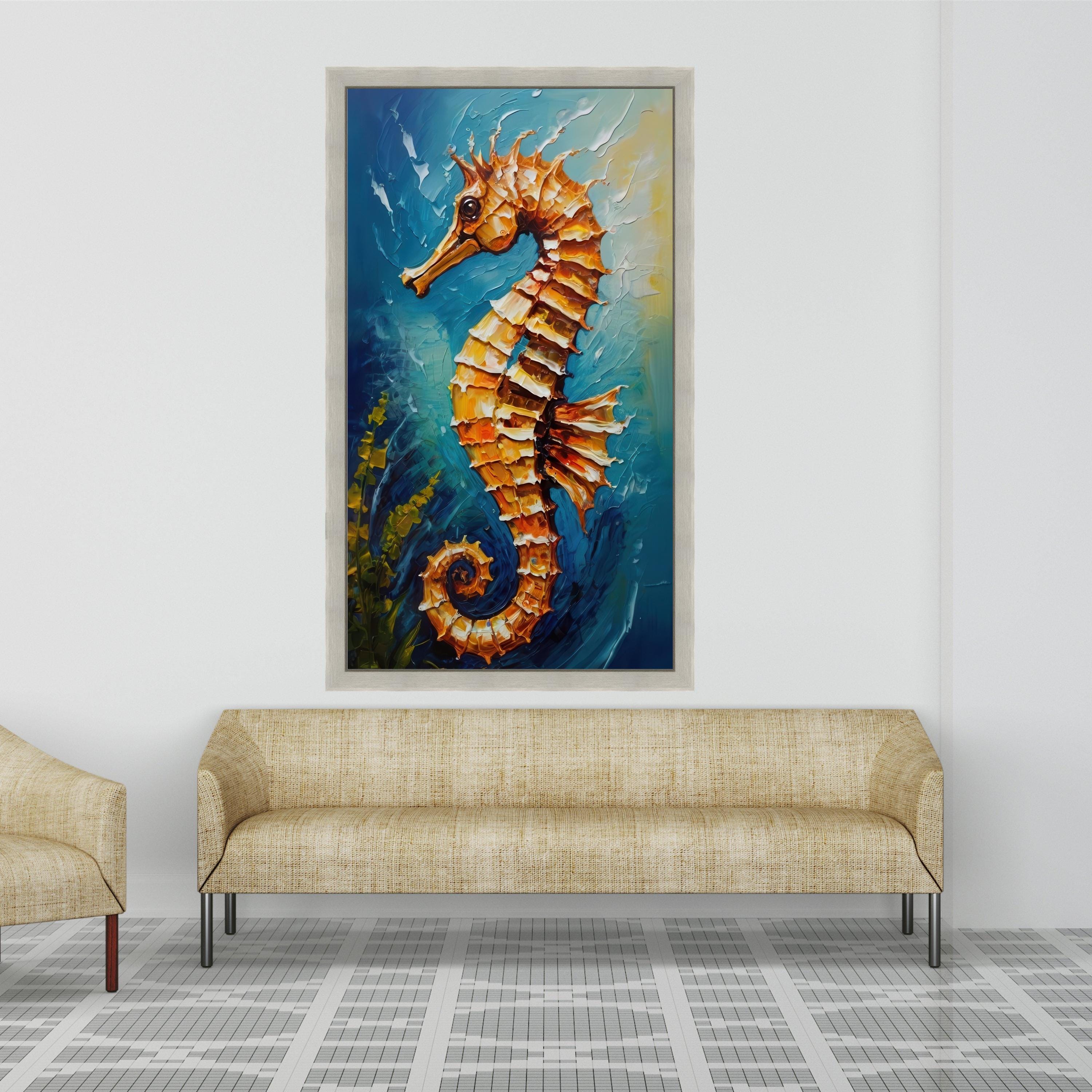 Vibrant Seahorse Canvas Wall Art, Ocean Life Painting, Coastal Home Decor, Marine Animal Artwork, Blue Sea Background, Ready To Hang,