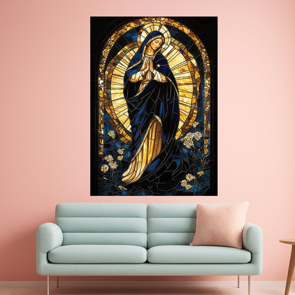 Praying Virgin Mary Stained Glass Canvas, Religious Wall Art, Spiritual Catholic Canvas, Holy Mother Canvas Decor, Ready To Hang,