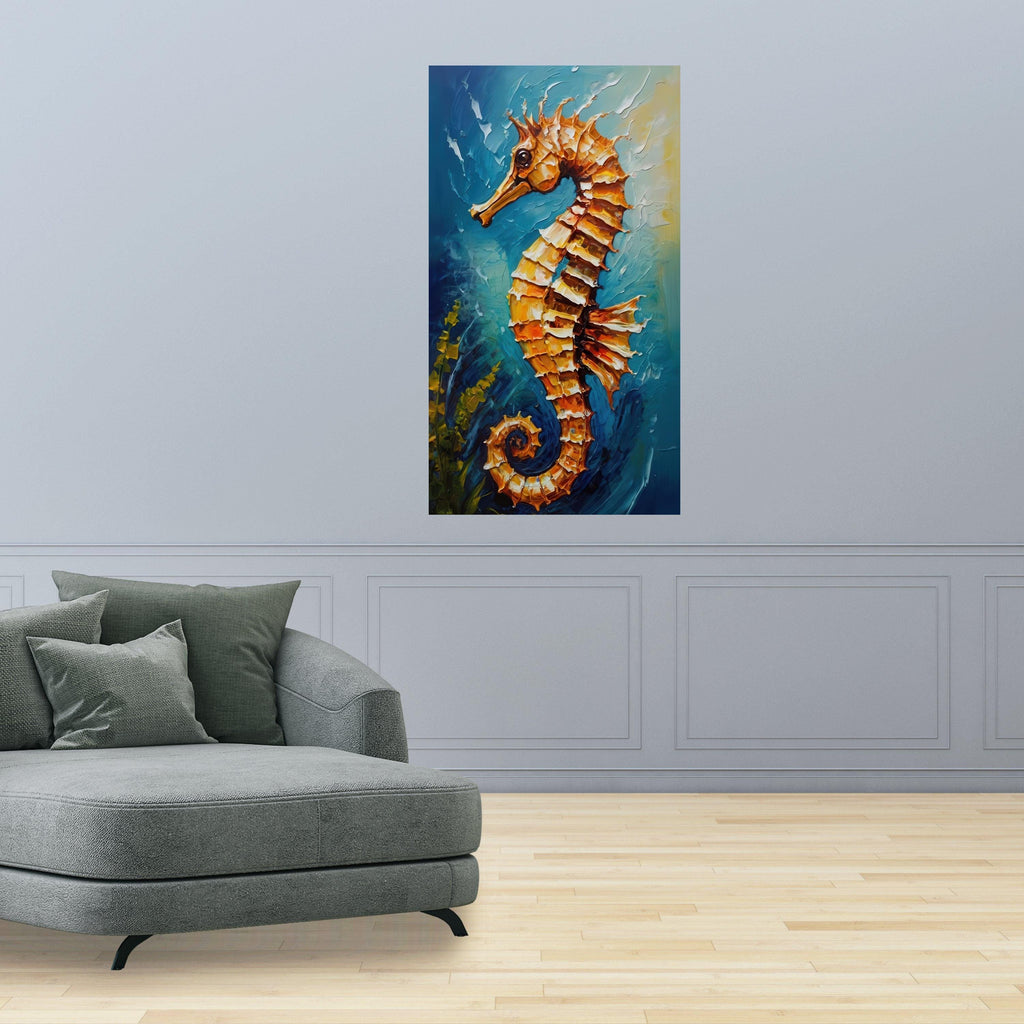 Vibrant Seahorse Canvas Wall Art, Ocean Life Painting, Coastal Home Decor, Marine Animal Artwork, Blue Sea Background, Ready To Hang,