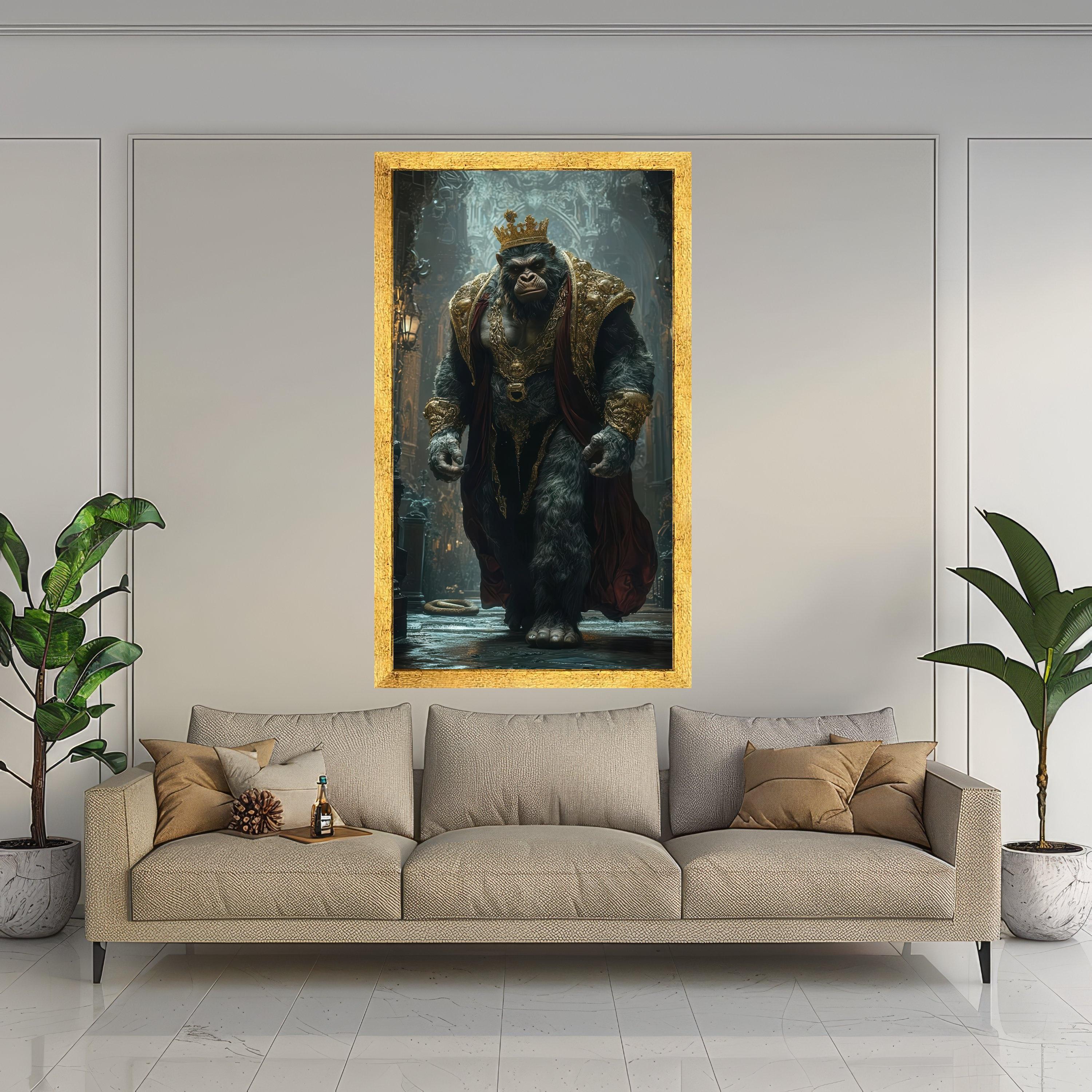 Regal Gorilla King Canvas, Majestic Animal Wall Art, Golden Crown and Robe, Fantasy Artwork, Decorative Canvas for Home Ready To Hang,