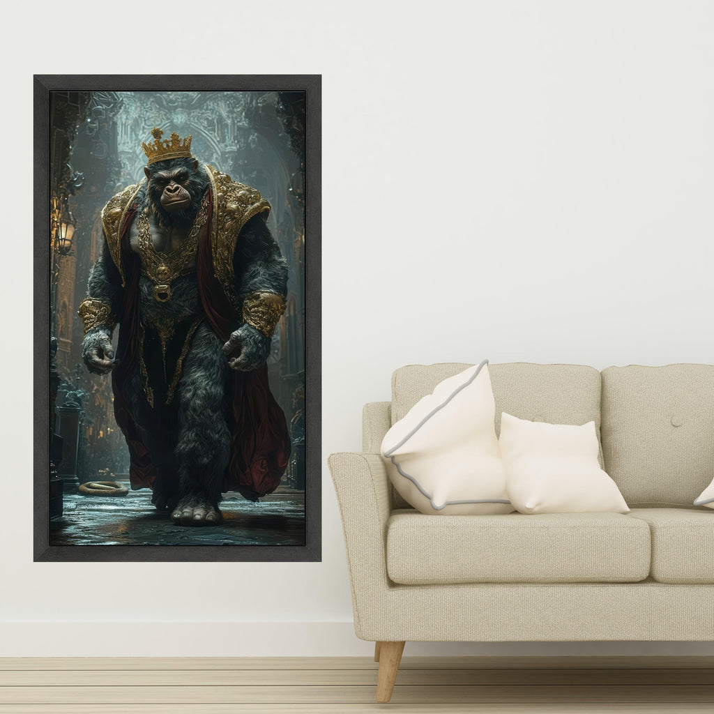 Regal Gorilla King Canvas, Majestic Animal Wall Art, Golden Crown and Robe, Fantasy Artwork, Decorative Canvas for Home Ready To Hang,