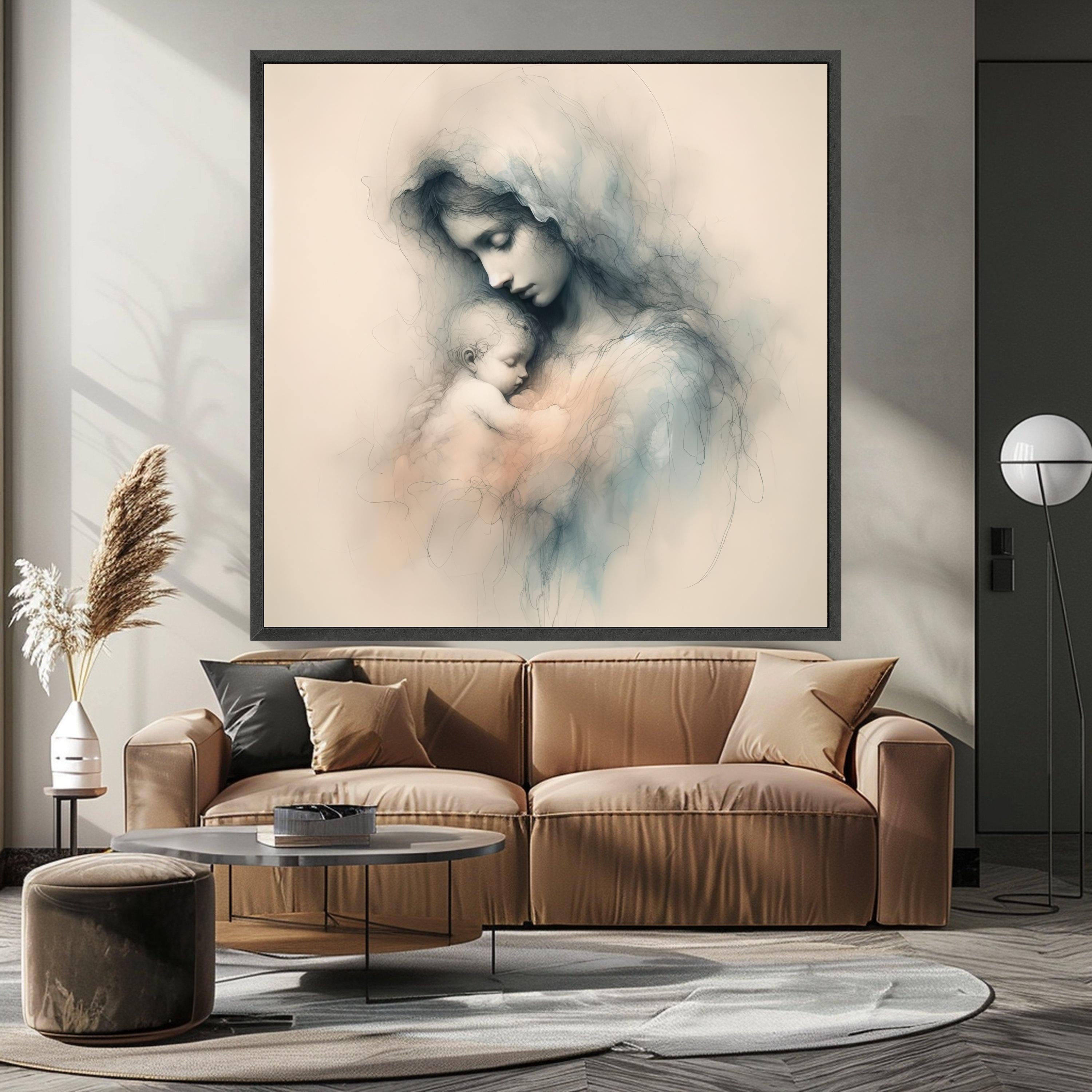 Tender Mother and Child Embrace, Soft Sketch Canvas, Spiritual Wall Art, Maternal Love Painting, Nursery Decoration, Fine Art Ready To Hang,