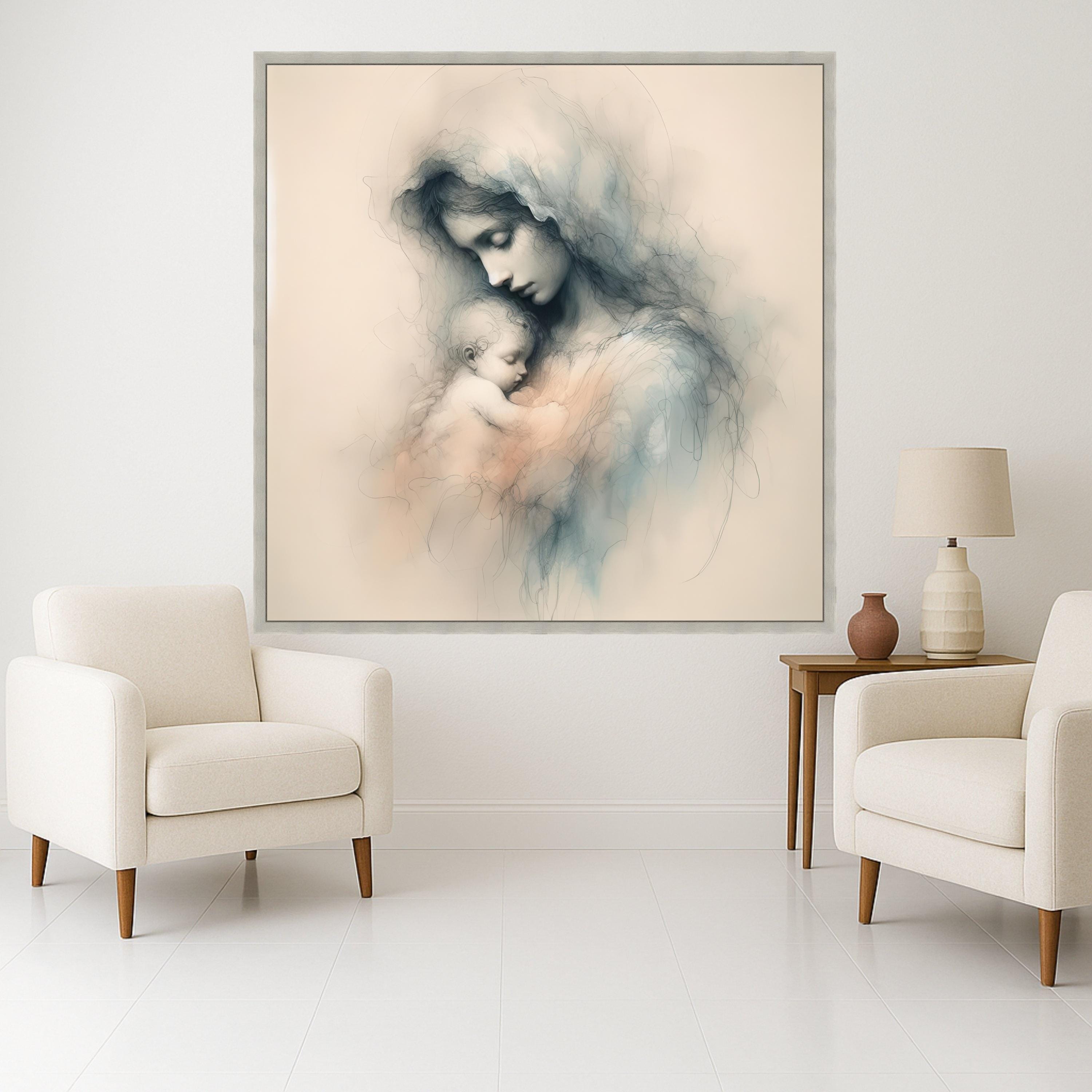 Tender Mother and Child Embrace, Soft Sketch Canvas, Spiritual Wall Art, Maternal Love Painting, Nursery Decoration, Fine Art Ready To Hang,