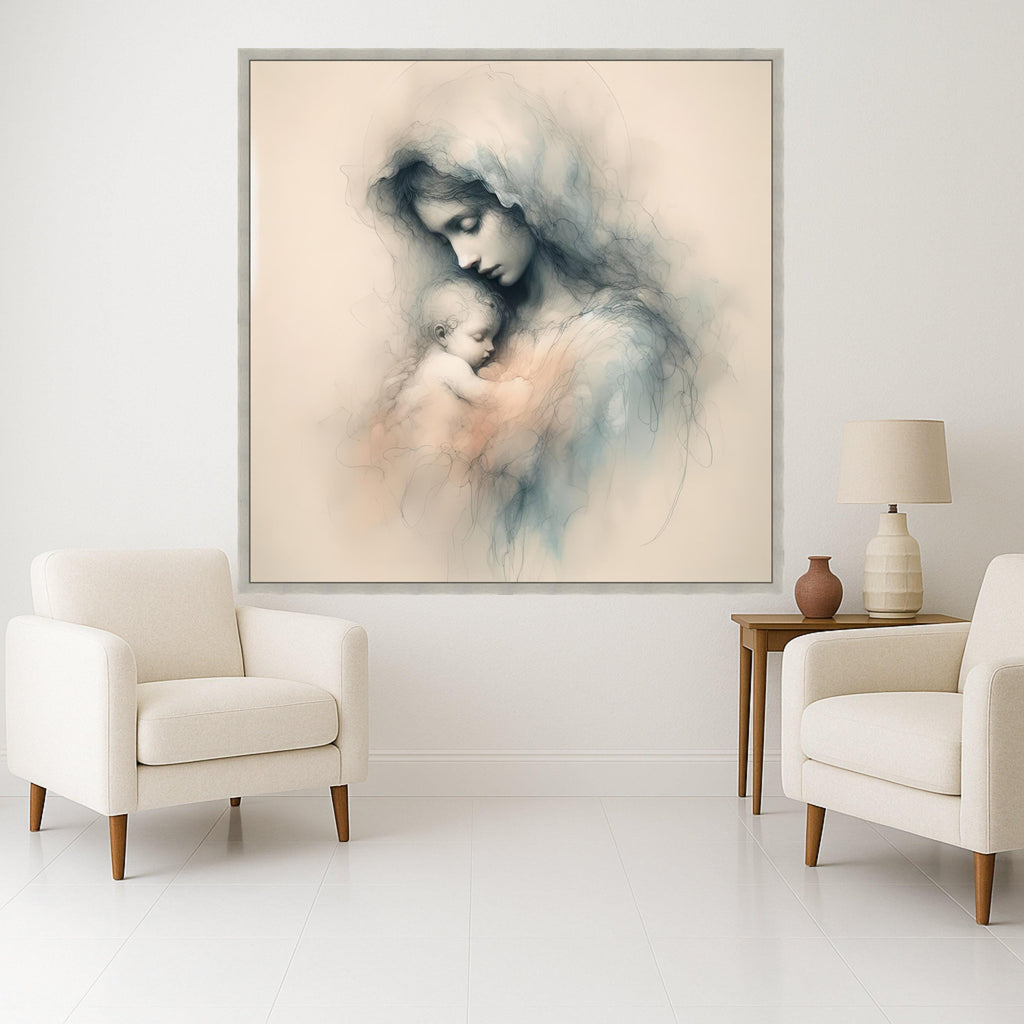 Tender Mother and Child Embrace, Soft Sketch Canvas, Spiritual Wall Art, Maternal Love Painting, Nursery Decoration, Fine Art Ready To Hang,