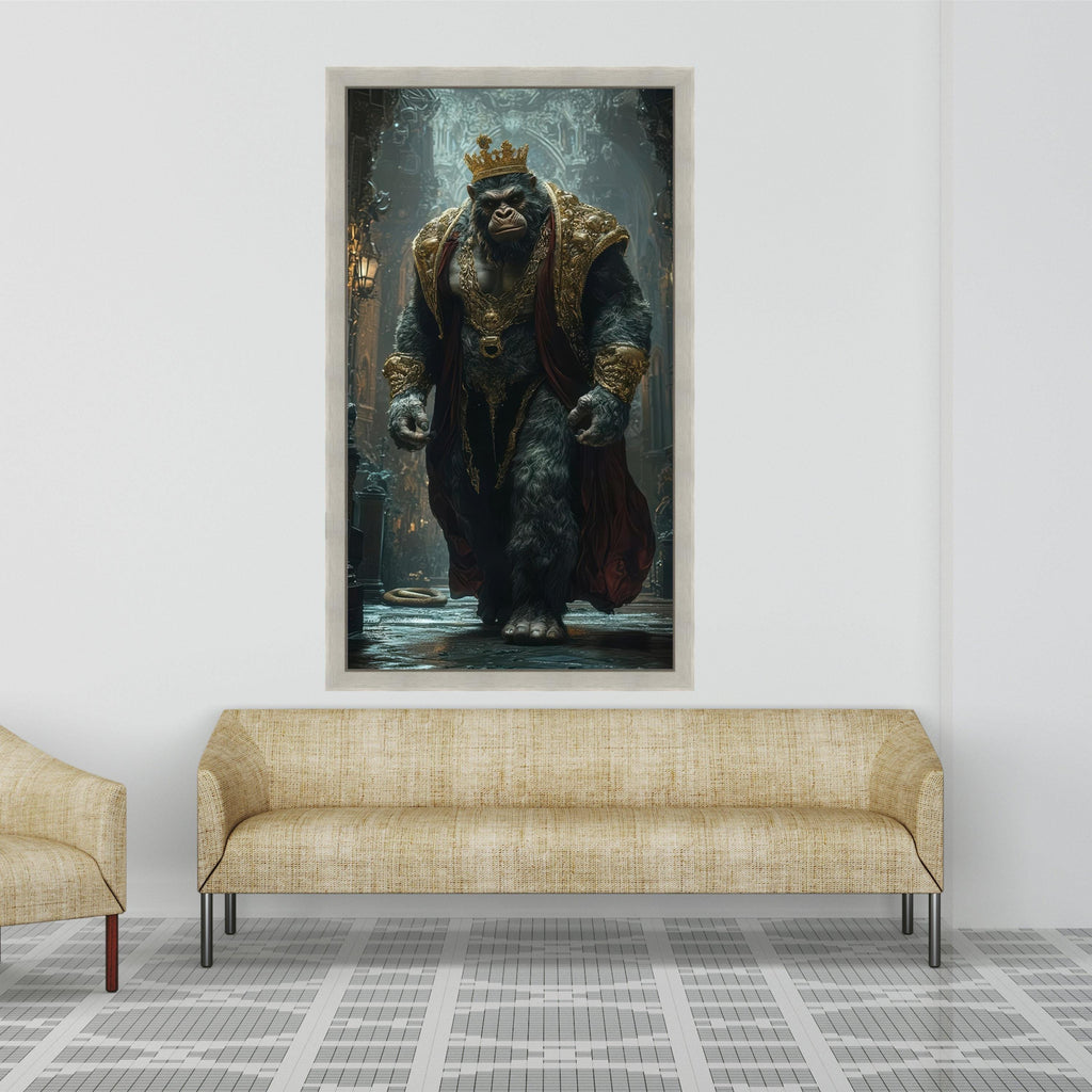 Regal Gorilla King Canvas, Majestic Animal Wall Art, Golden Crown and Robe, Fantasy Artwork, Decorative Canvas for Home Ready To Hang,