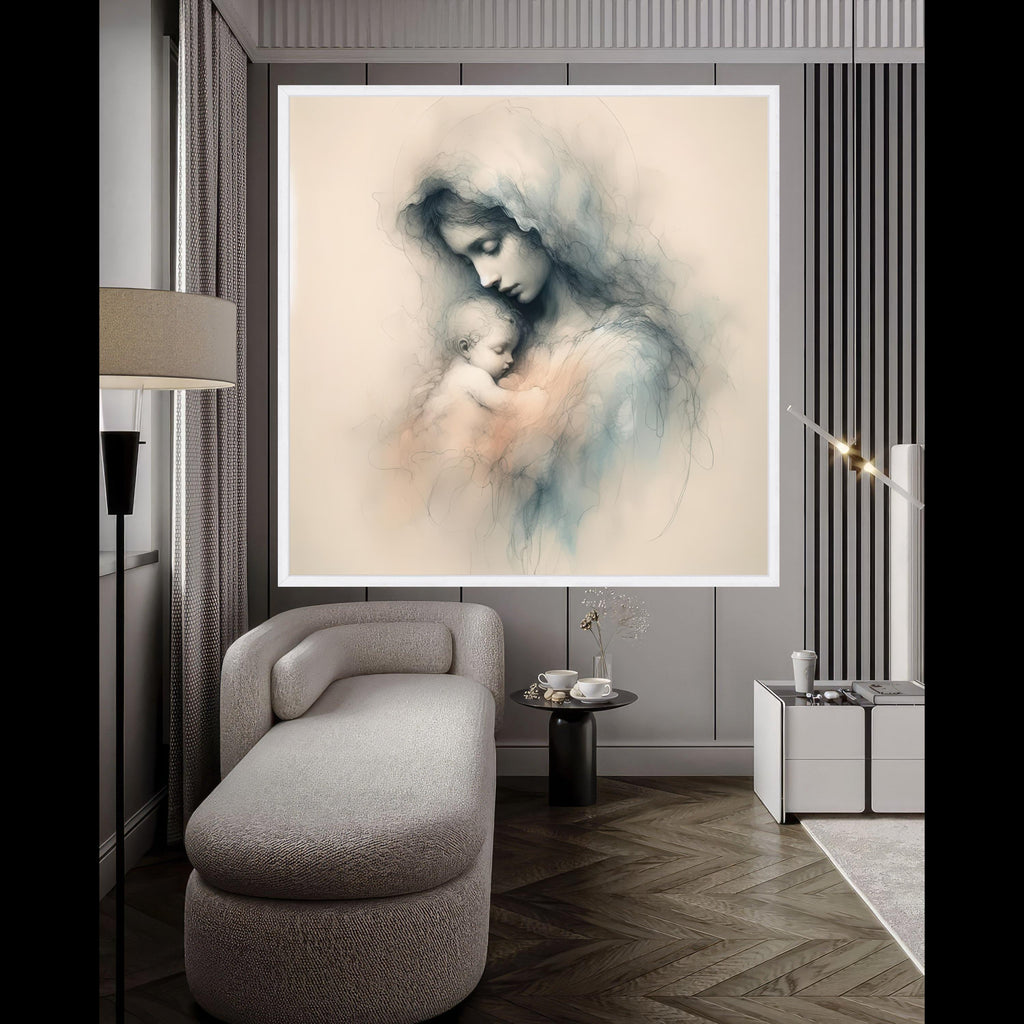 Tender Mother and Child Embrace, Soft Sketch Canvas, Spiritual Wall Art, Maternal Love Painting, Nursery Decoration, Fine Art Ready To Hang,