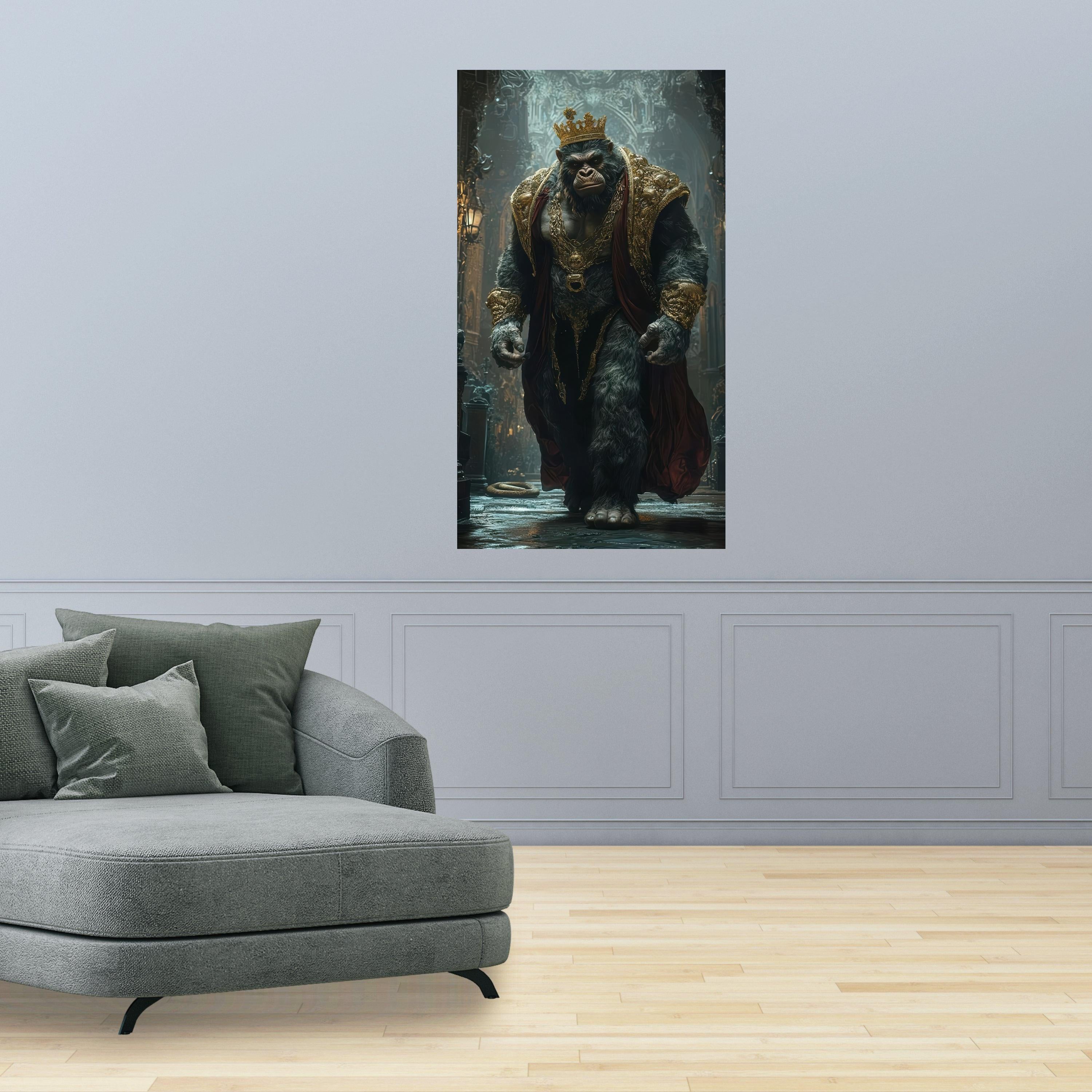 Regal Gorilla King Canvas, Majestic Animal Wall Art, Golden Crown and Robe, Fantasy Artwork, Decorative Canvas for Home Ready To Hang,