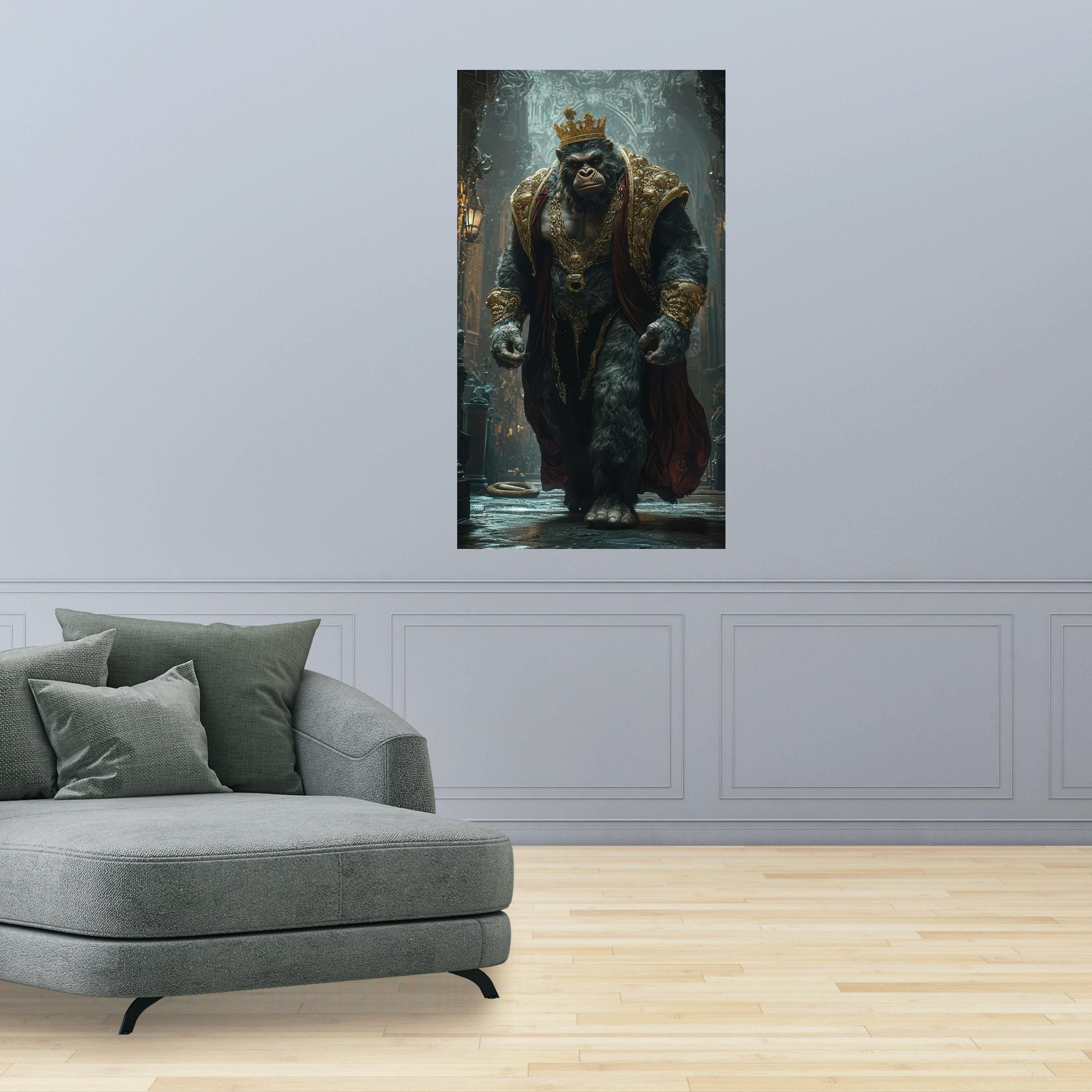 Regal Gorilla King Canvas, Majestic Animal Wall Art, Golden Crown and Robe, Fantasy Artwork, Decorative Canvas for Home Ready To Hang,