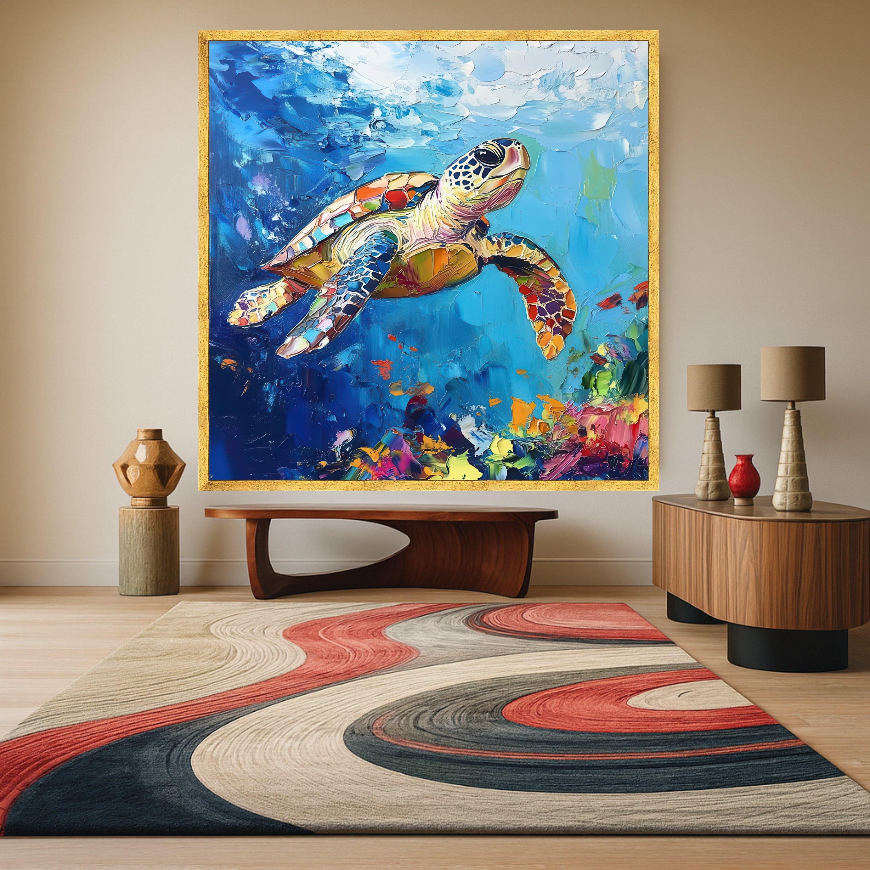 Colorful Sea Turtle Canvas Wall Art, Ocean Wildlife Painting, Abstract Marine Decor, Vibrant Underwater Scene, Nautical Home Ready To Hang,