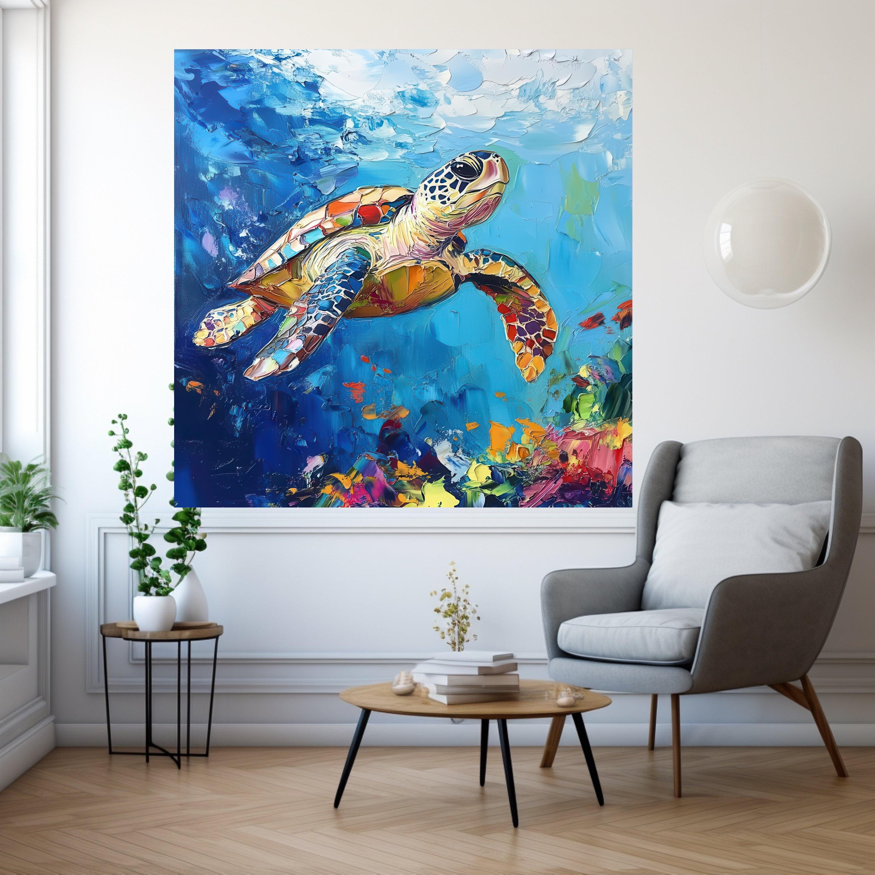 Colorful Sea Turtle Canvas Wall Art, Ocean Wildlife Painting, Abstract Marine Decor, Vibrant Underwater Scene, Nautical Home Ready To Hang,
