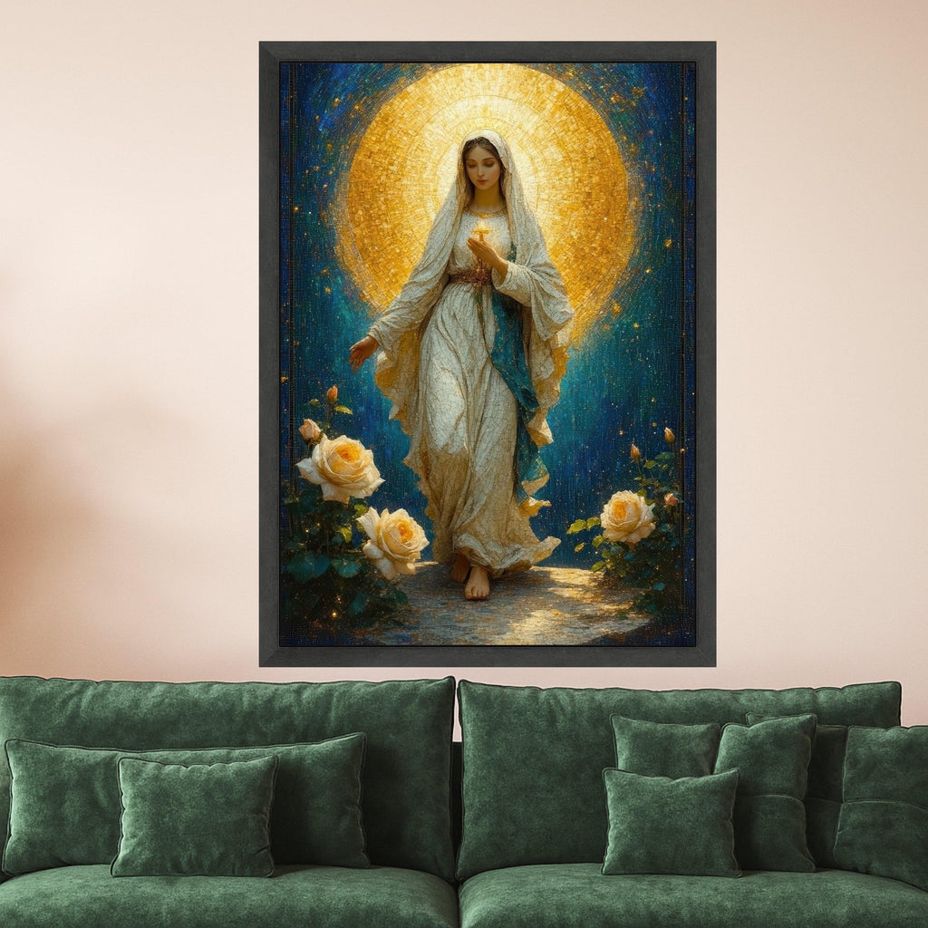 Divine Virgin Mary Canvas Wall Art, Sacred Religious Painting, Illuminated Halo Artwork, Spiritual Christian Home Decor, Ready To Hang,