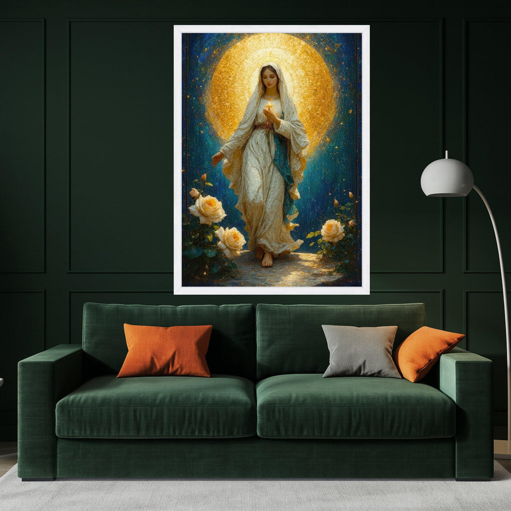 Divine Virgin Mary Canvas Wall Art, Sacred Religious Painting, Illuminated Halo Artwork, Spiritual Christian Home Decor, Ready To Hang,