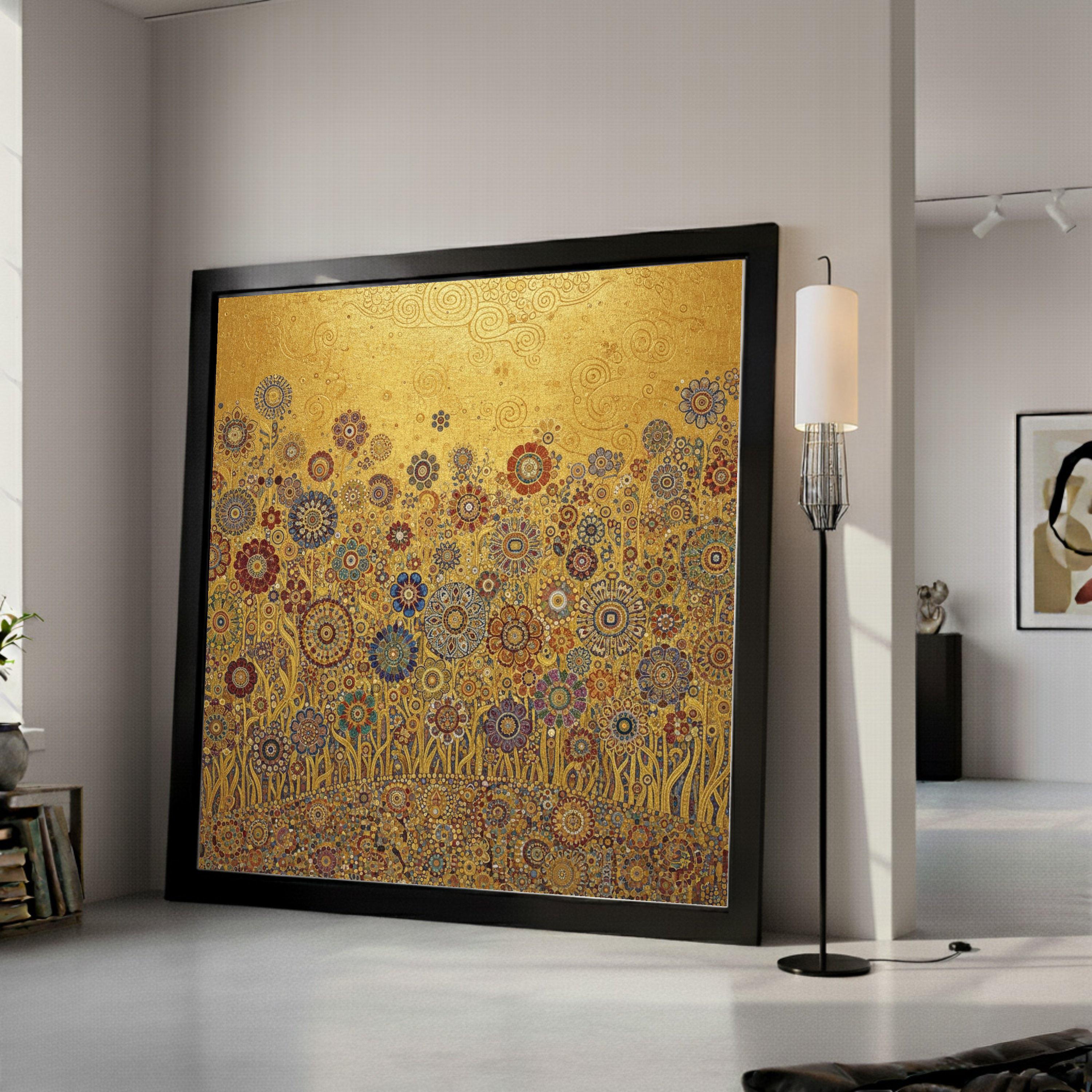 Gustav Klimt Floral Gold Canvas, Decorative Blooming Flowers Wall Art, Luxury Home Decor Canvas, Ready to Hang Artwork Ready To Hang,