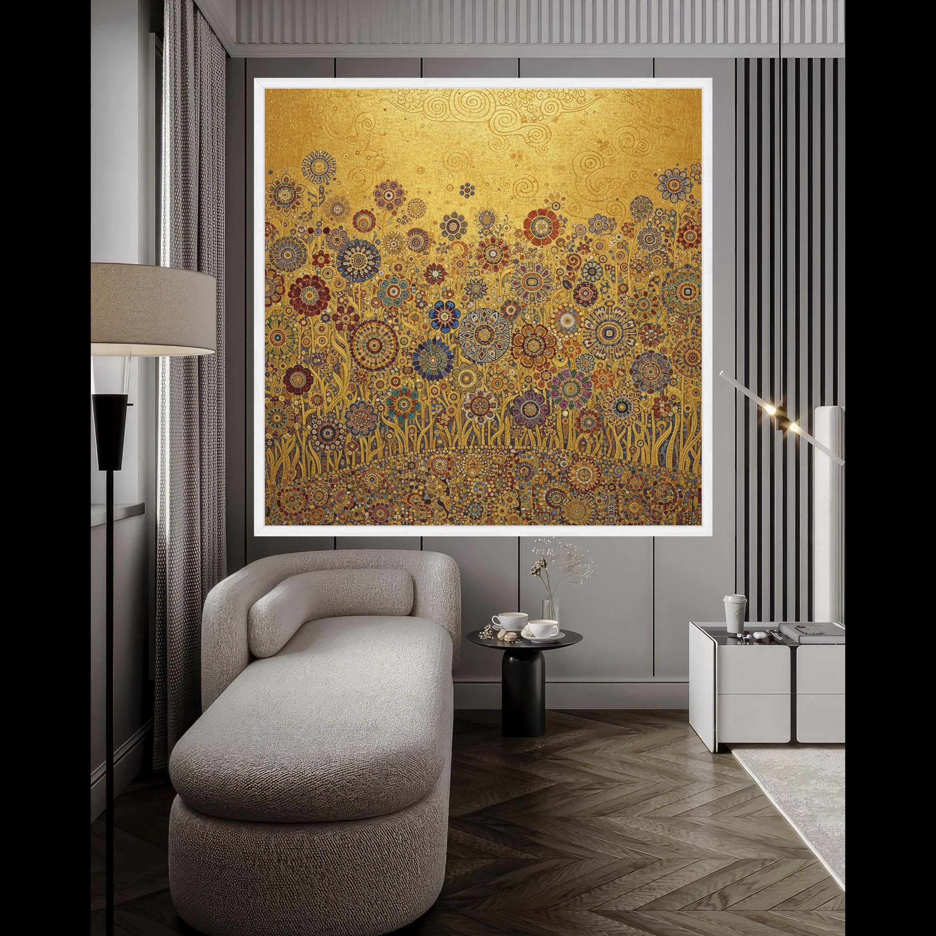 Gustav Klimt Floral Gold Canvas, Decorative Blooming Flowers Wall Art, Luxury Home Decor Canvas, Ready to Hang Artwork Ready To Hang,