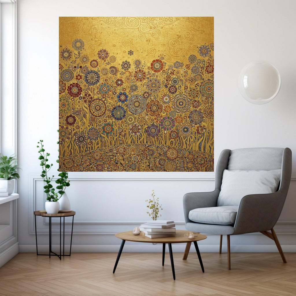 Gustav Klimt Floral Gold Canvas, Decorative Blooming Flowers Wall Art, Luxury Home Decor Canvas, Ready to Hang Artwork Ready To Hang,