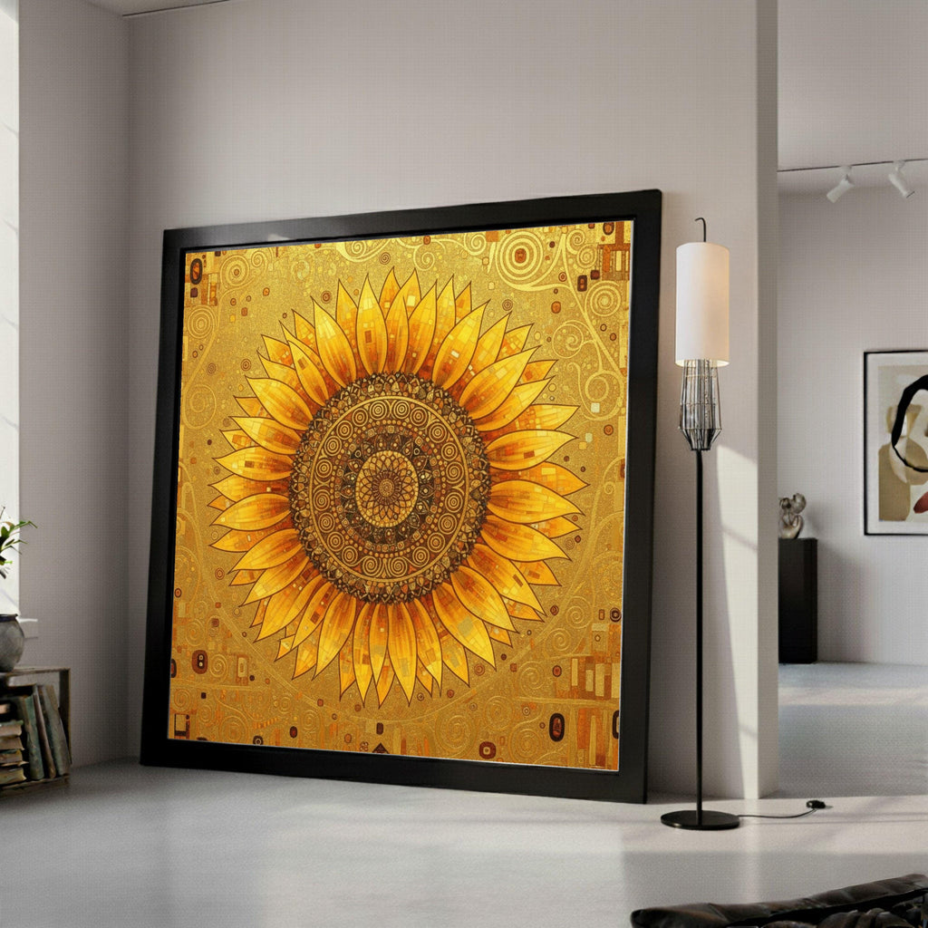 Golden Sunflower Mandala Canvas, Gustav Klimt Floral Wall Art, Abstract Botanical Canvas, Modern Home Decoration, Ready to Ready To Hang,