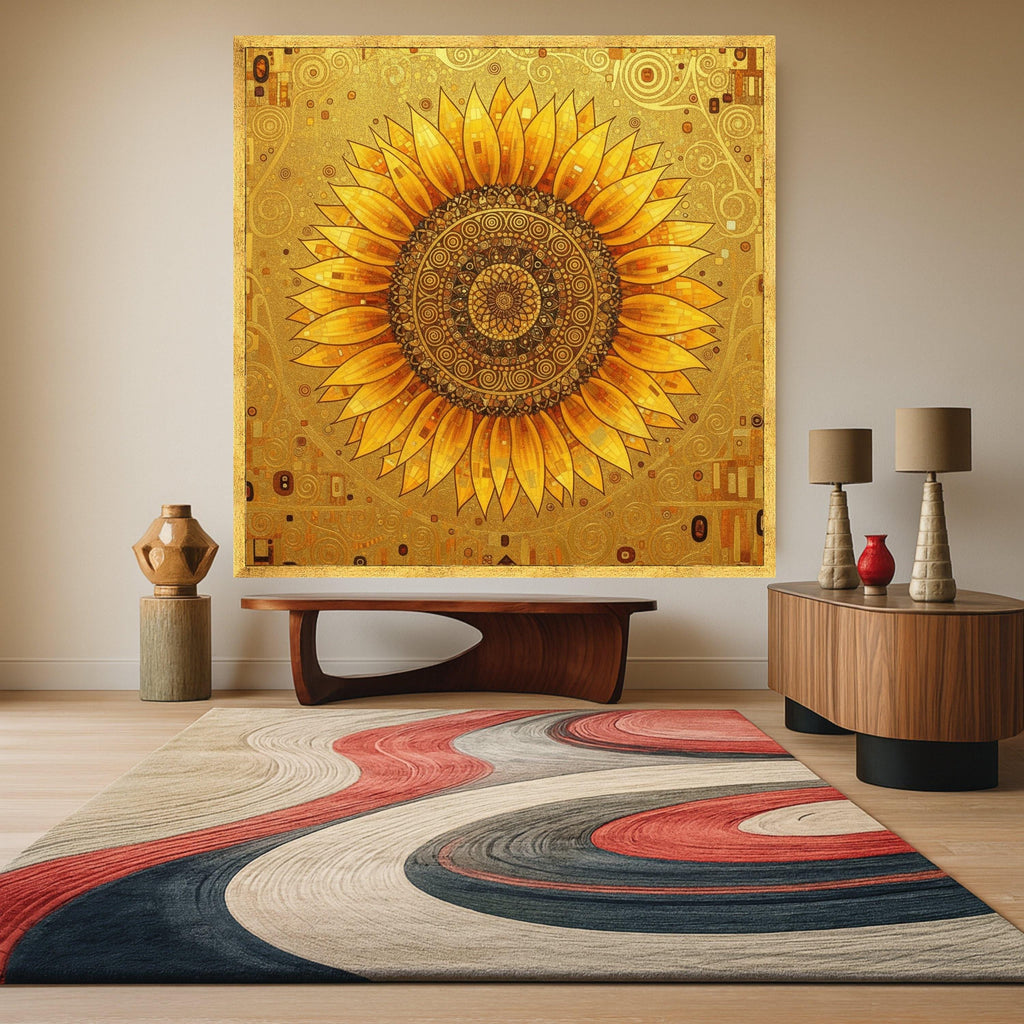 Golden Sunflower Mandala Canvas, Gustav Klimt Floral Wall Art, Abstract Botanical Canvas, Modern Home Decoration, Ready to Ready To Hang,
