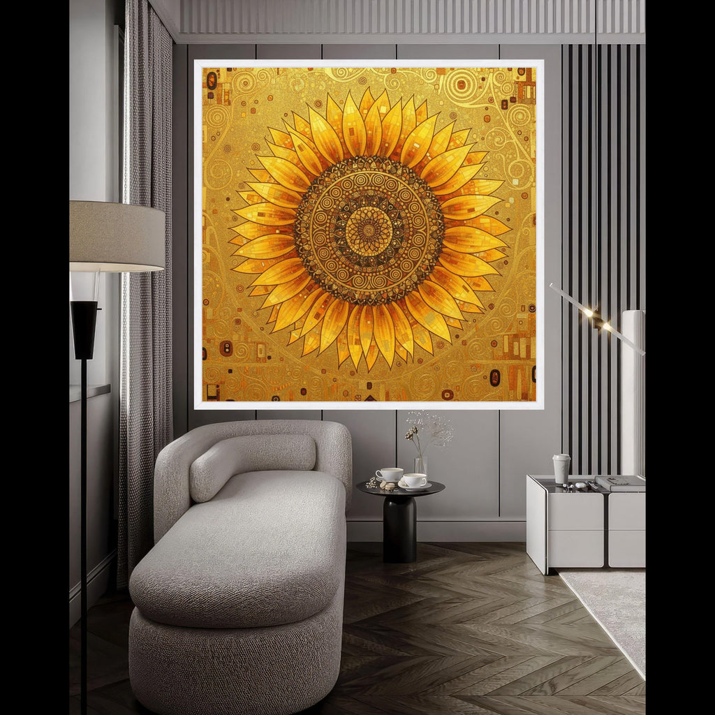 Golden Sunflower Mandala Canvas, Gustav Klimt Floral Wall Art, Abstract Botanical Canvas, Modern Home Decoration, Ready to Ready To Hang,