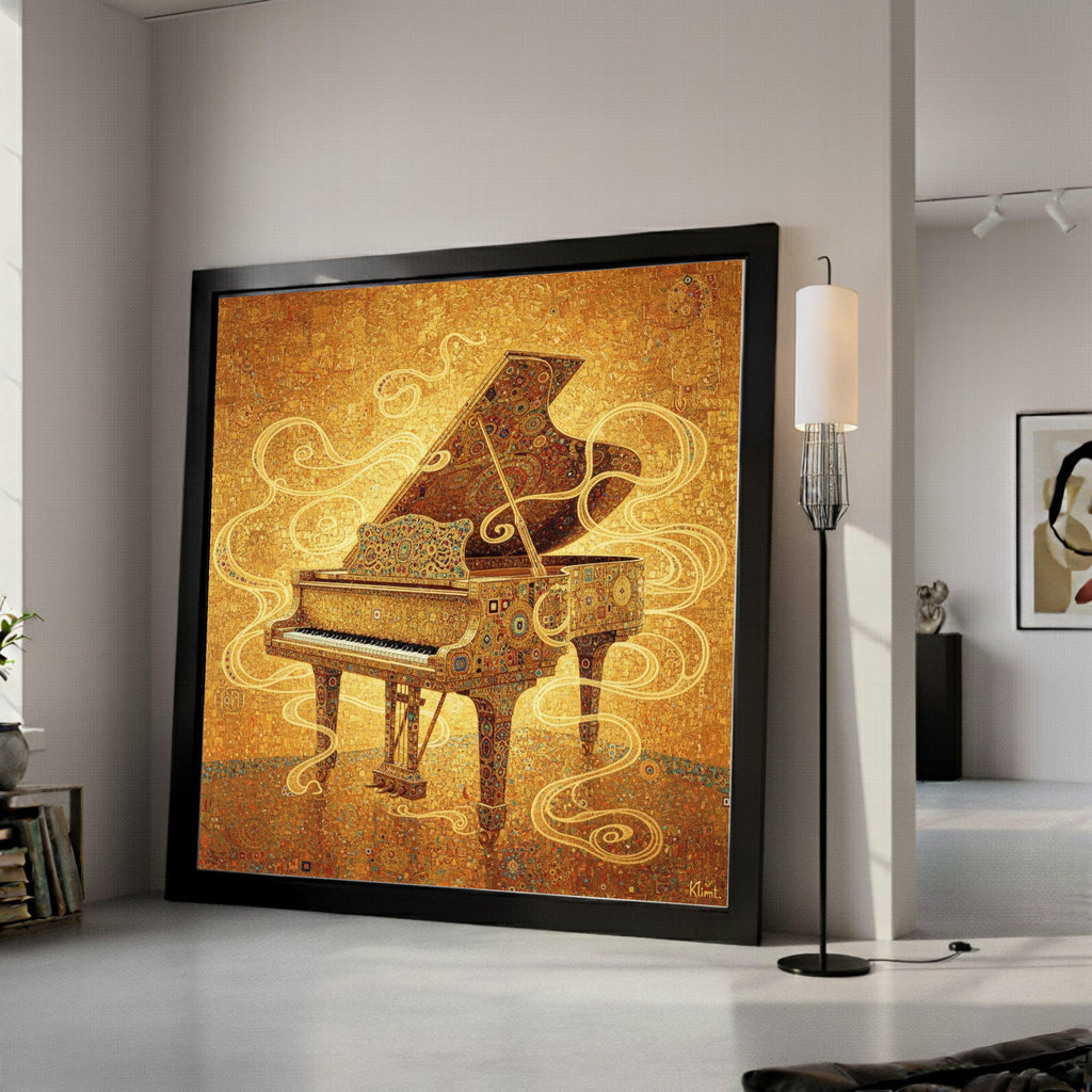 Gustav Klimt Grand Piano Canvas Wall Art, Golden Decorative Music Theme, Ornate Piano Painting, Artistic Home Decor, Ready to Ready To Hang,