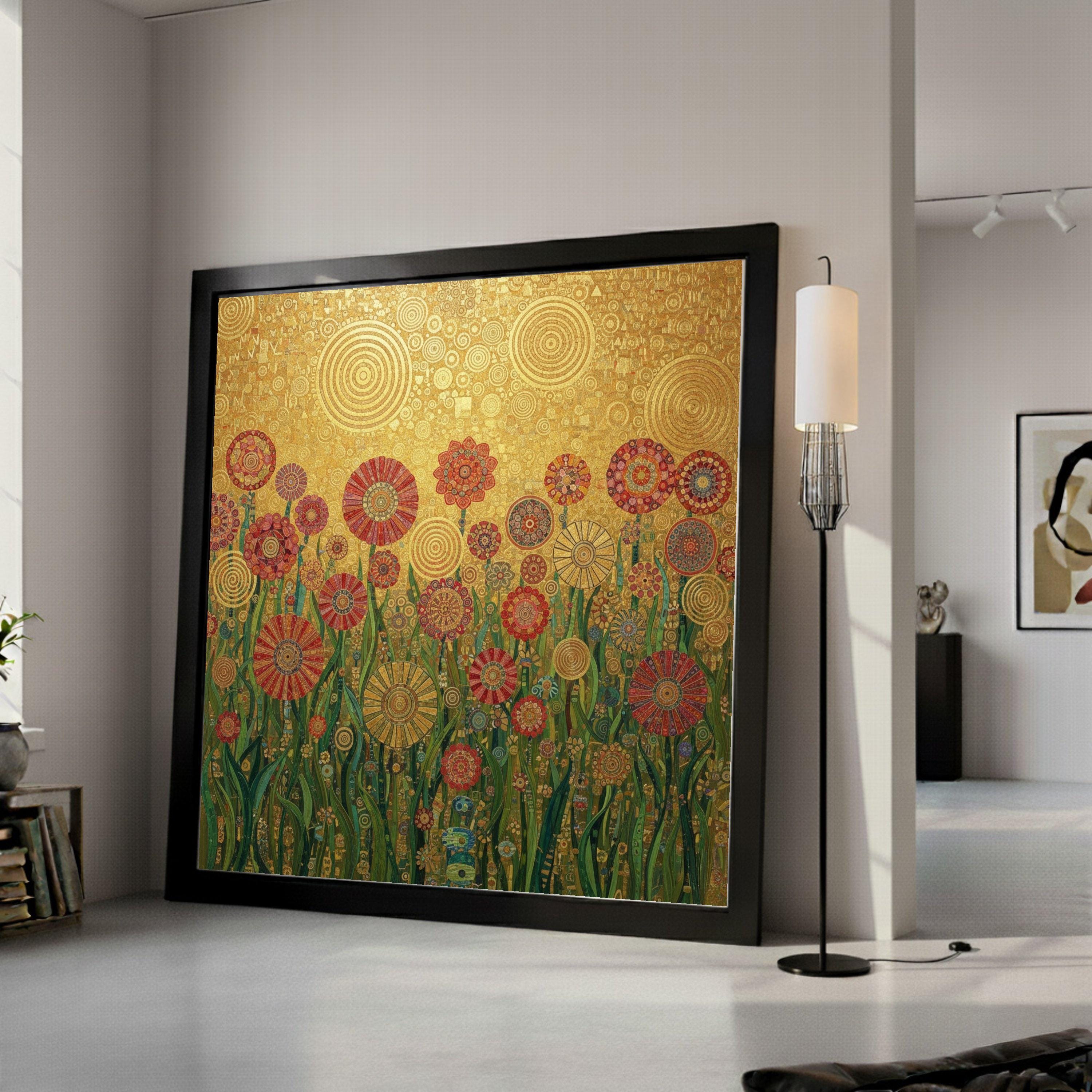 Gustav Klimt Floral Canvas Wall Art, Decorative Garden Flowers, Golden Abstract Canvas, Botanical Home Decoration, Ready to Ready To Hang,