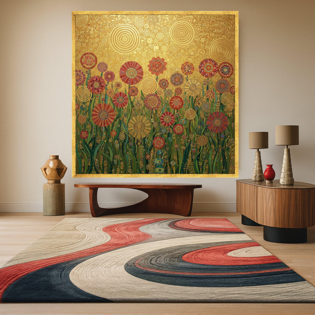 Gustav Klimt Floral Canvas Wall Art, Decorative Garden Flowers, Golden Abstract Canvas, Botanical Home Decoration, Ready to Ready To Hang,