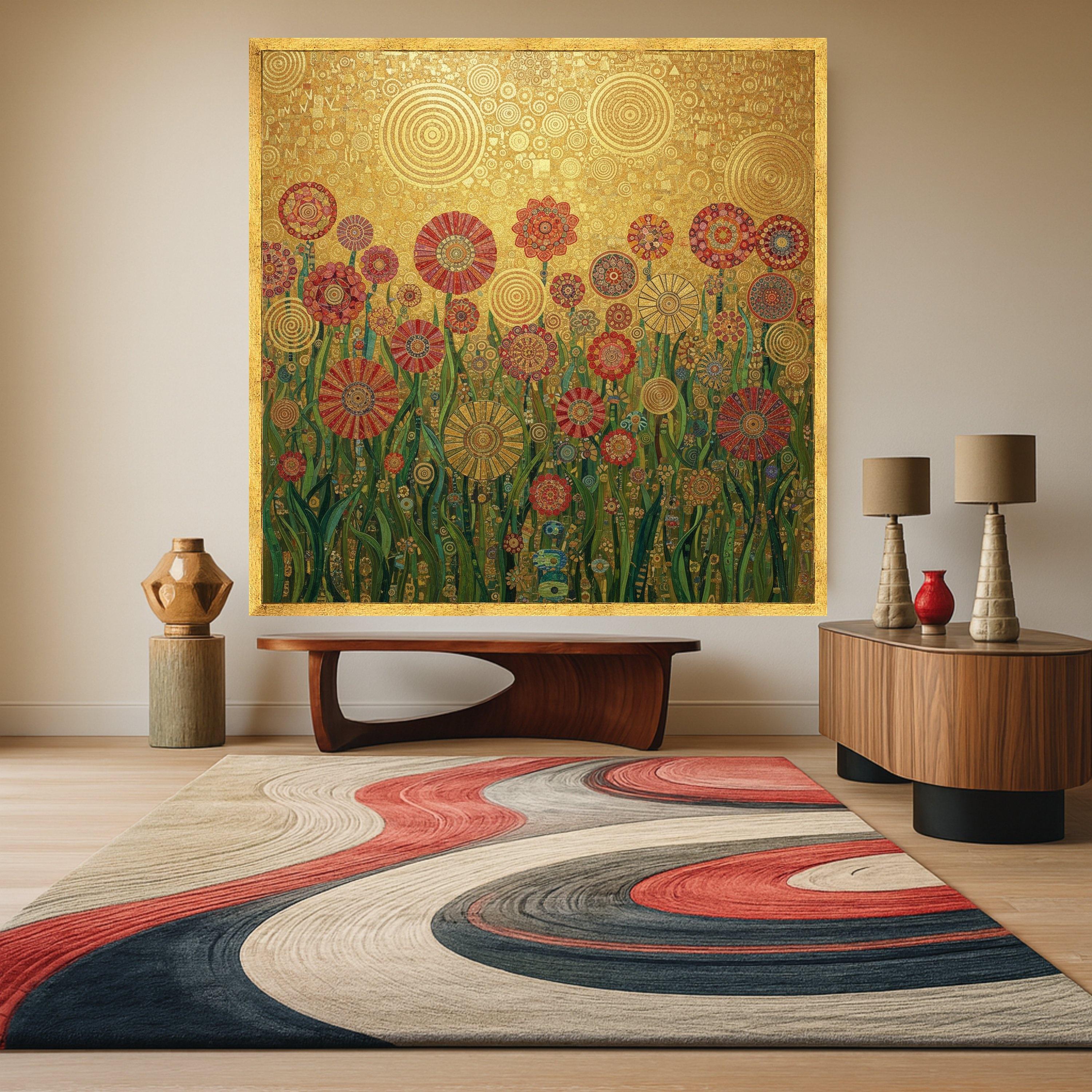 Gustav Klimt Floral Canvas Wall Art, Decorative Garden Flowers, Golden Abstract Canvas, Botanical Home Decoration, Ready to Ready To Hang,