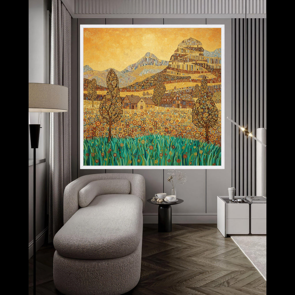 Vibrant Village Landscape Canvas Wall Art by Gustav Klimt, Decorative Nature Scene, Patterned Hills and Trees, Floral Meadow Ready To Hang,