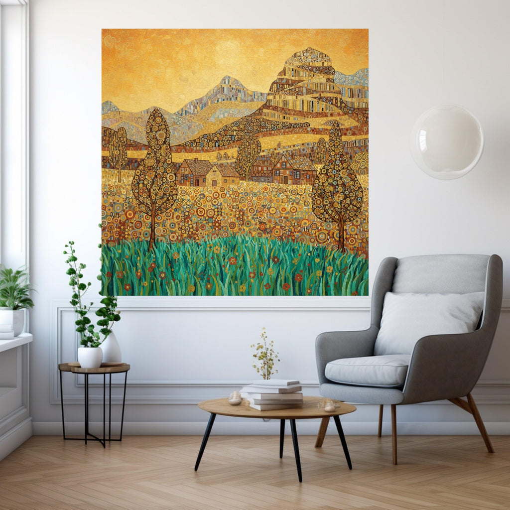 Vibrant Village Landscape Canvas Wall Art by Gustav Klimt, Decorative Nature Scene, Patterned Hills and Trees, Floral Meadow Ready To Hang,