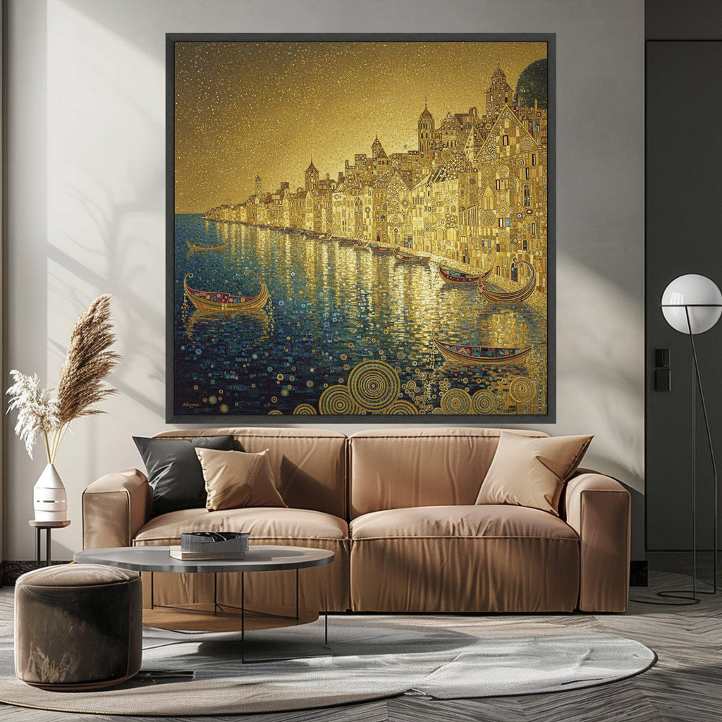 Golden Venetian Canal Scene Canvas, Gustav Klimt Cityscape, Decorative Wall Art, Luxurious Home Decor, Ready to Hang Artwork Ready To Hang,