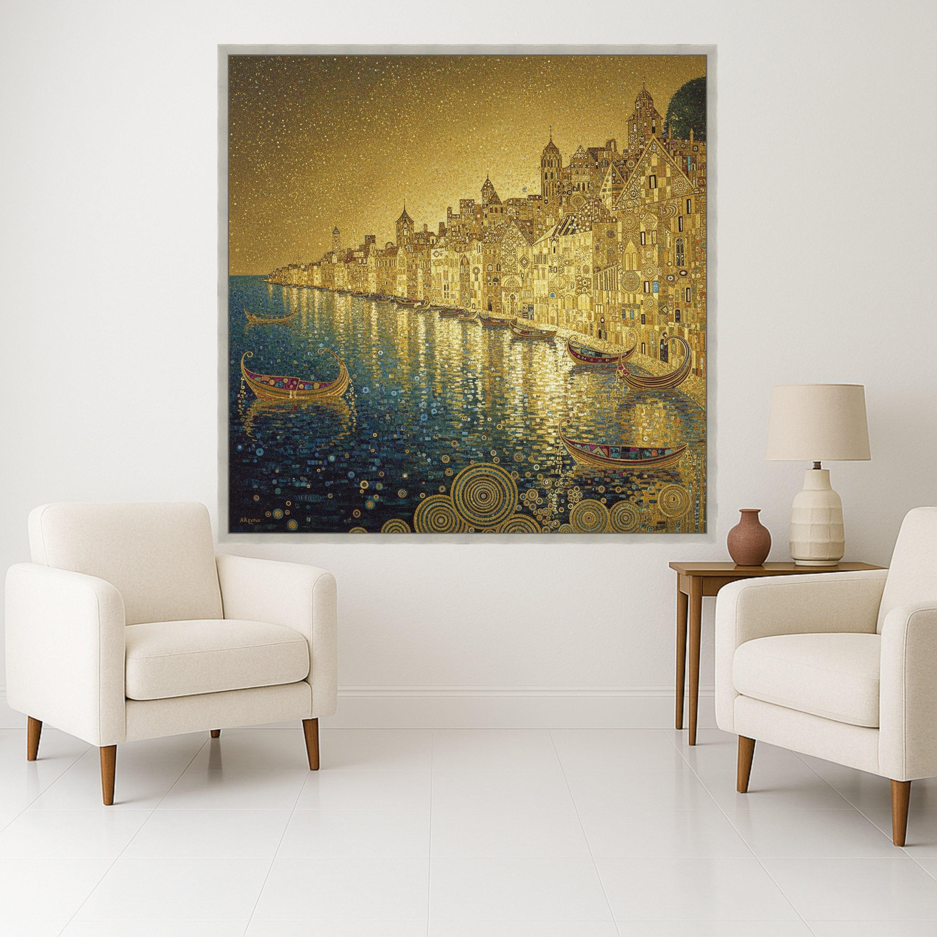 Golden Venetian Canal Scene Canvas, Gustav Klimt Cityscape, Decorative Wall Art, Luxurious Home Decor, Ready to Hang Artwork Ready To Hang,