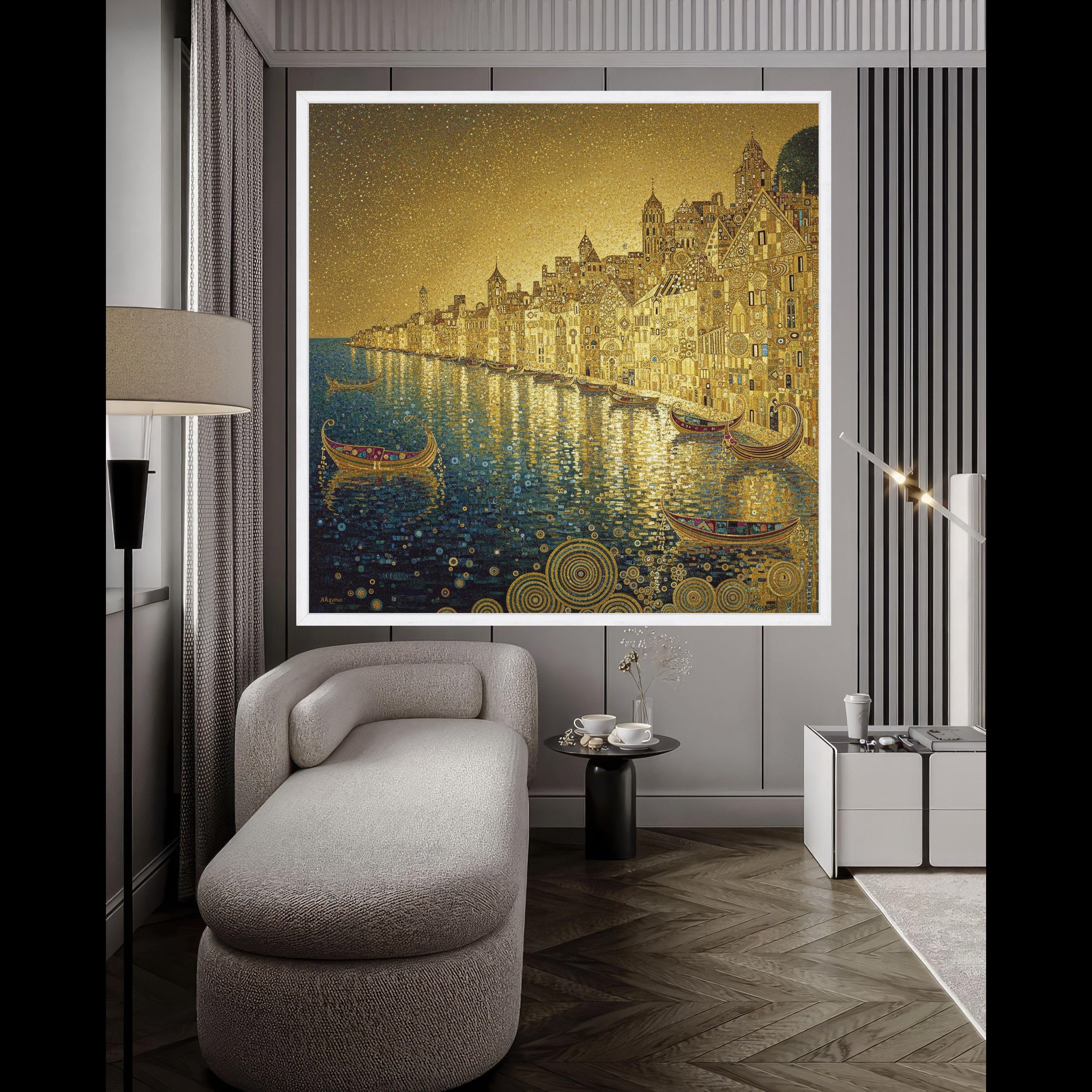 Golden Venetian Canal Scene Canvas, Gustav Klimt Cityscape, Decorative Wall Art, Luxurious Home Decor, Ready to Hang Artwork Ready To Hang,