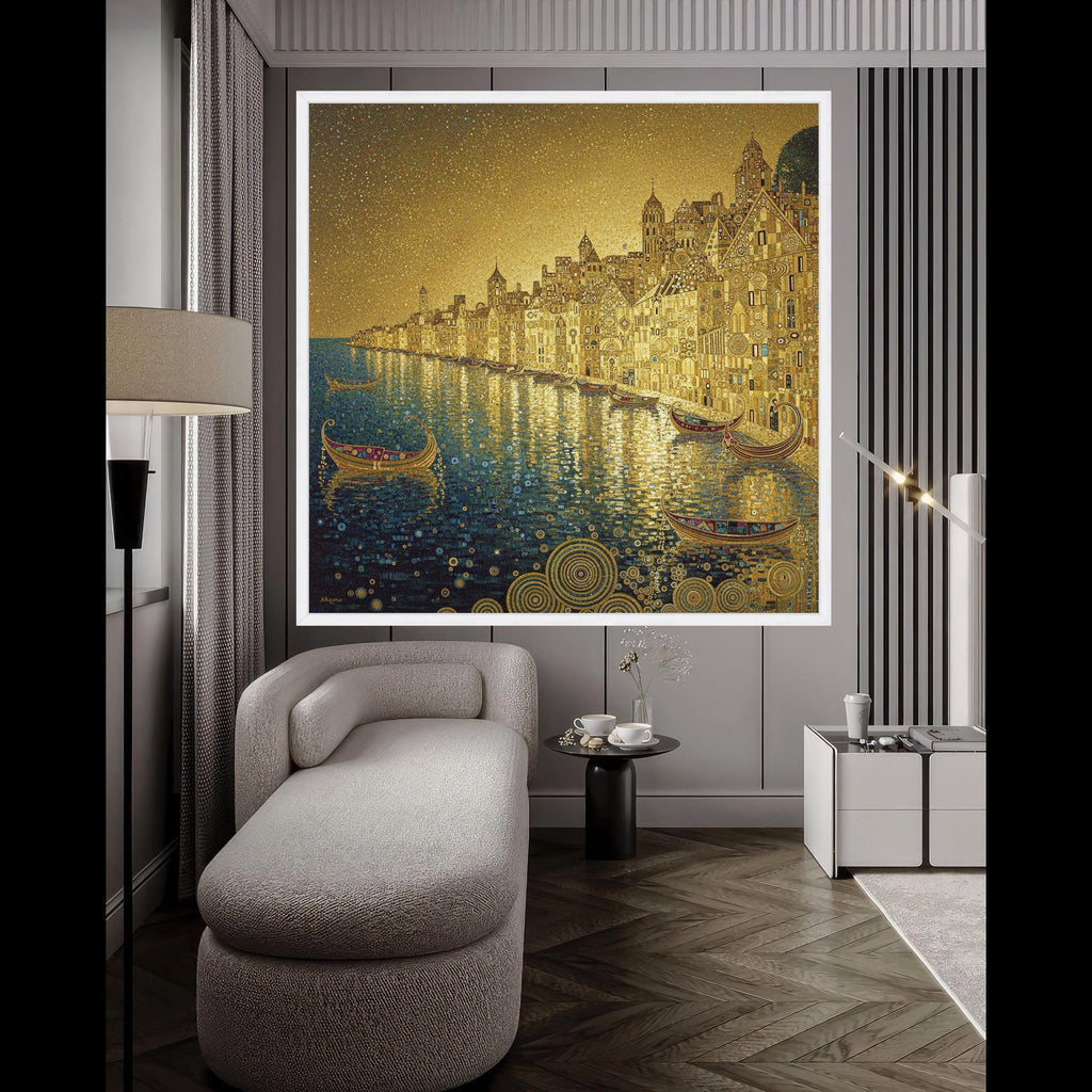 Golden Venetian Canal Scene Canvas, Gustav Klimt Cityscape, Decorative Wall Art, Luxurious Home Decor, Ready to Hang Artwork Ready To Hang,