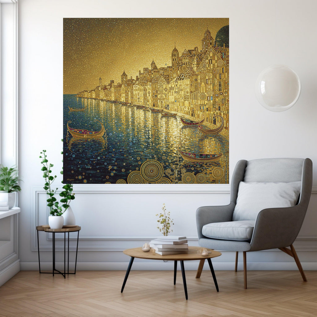 Golden Venetian Canal Scene Canvas, Gustav Klimt Cityscape, Decorative Wall Art, Luxurious Home Decor, Ready to Hang Artwork Ready To Hang,