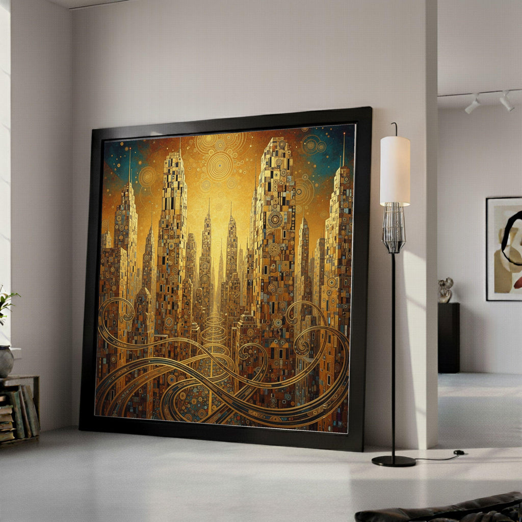 Golden Futuristic Cityscape Canvas, Gustav Klimt Abstract Architecture Wall Art, Urban Skyline Decoration, Modern Living Room Ready To Hang,