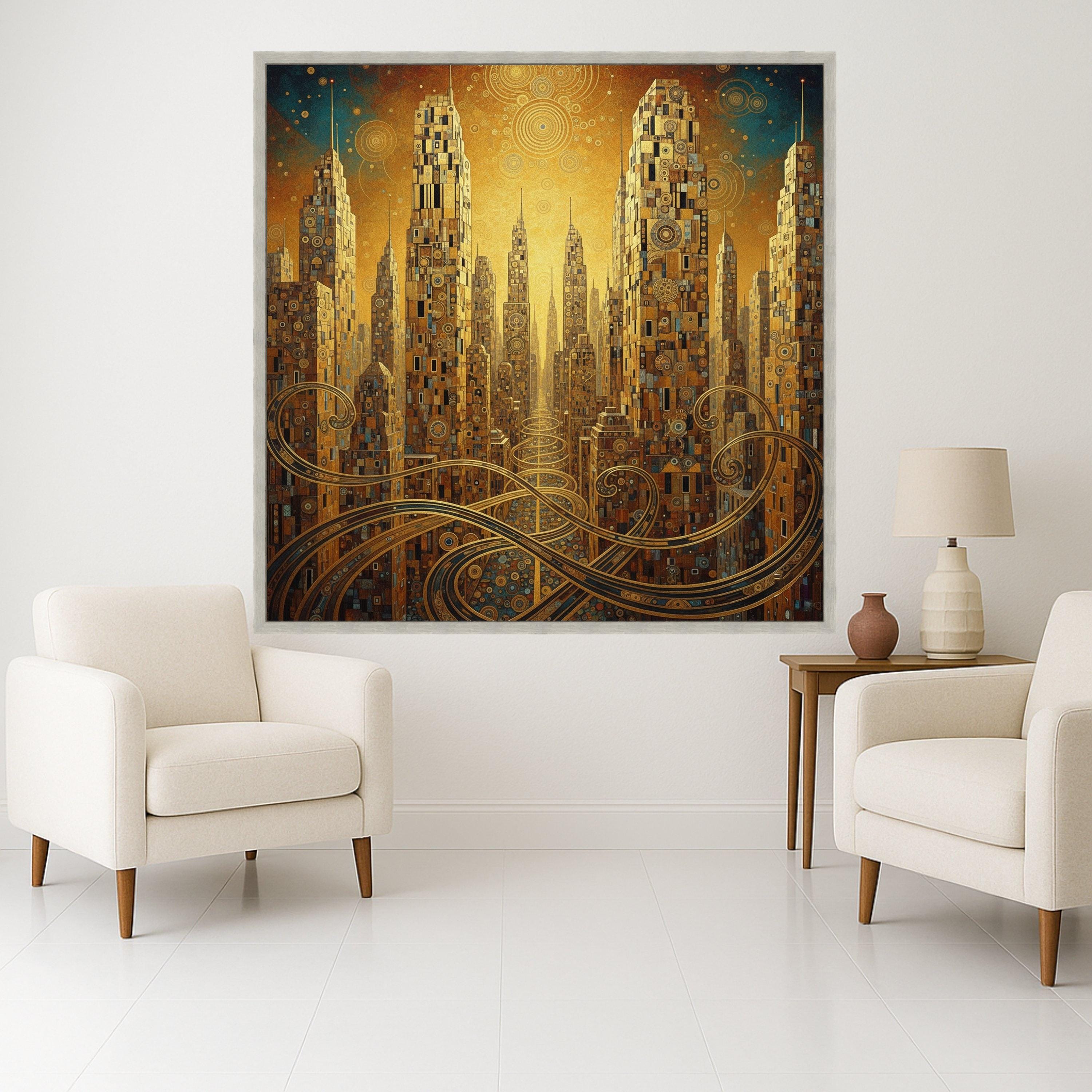 Golden Futuristic Cityscape Canvas, Gustav Klimt Abstract Architecture Wall Art, Urban Skyline Decoration, Modern Living Room Ready To Hang,