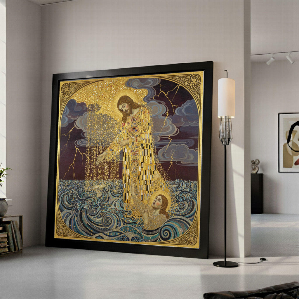 Gustav Klimt Jesus Saving Saint Peter Canvas Wall Art, Religious Gold Embellished Christian Painting, Spiritual Wall Decor, Ready To Hang,