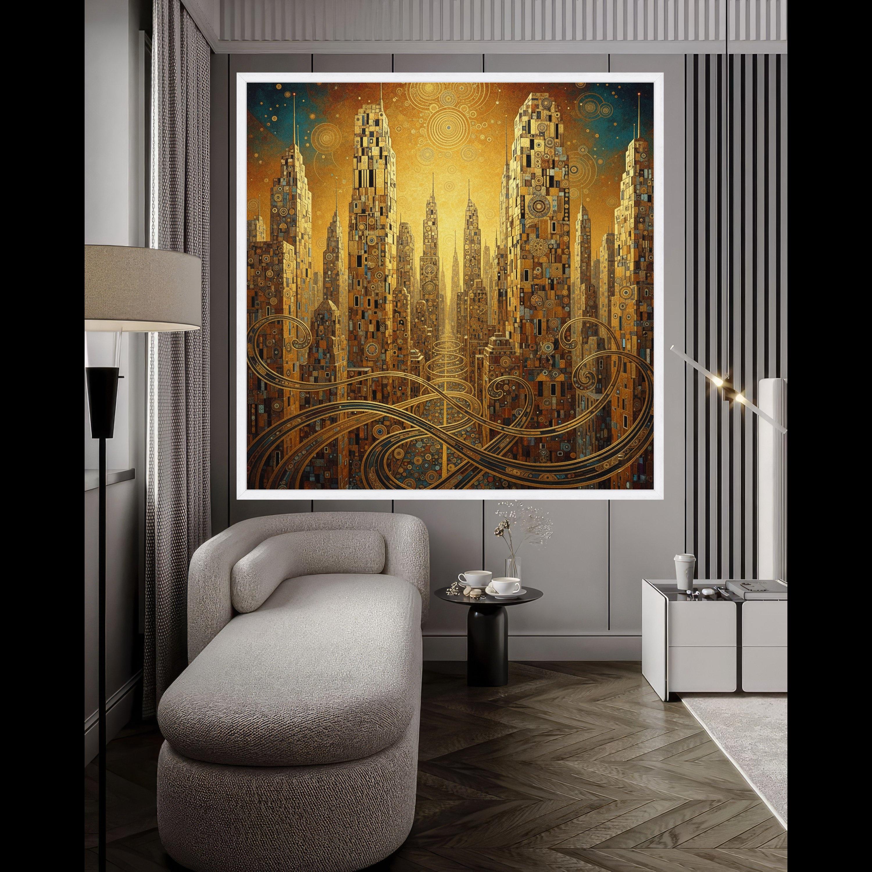 Golden Futuristic Cityscape Canvas, Gustav Klimt Abstract Architecture Wall Art, Urban Skyline Decoration, Modern Living Room Ready To Hang,