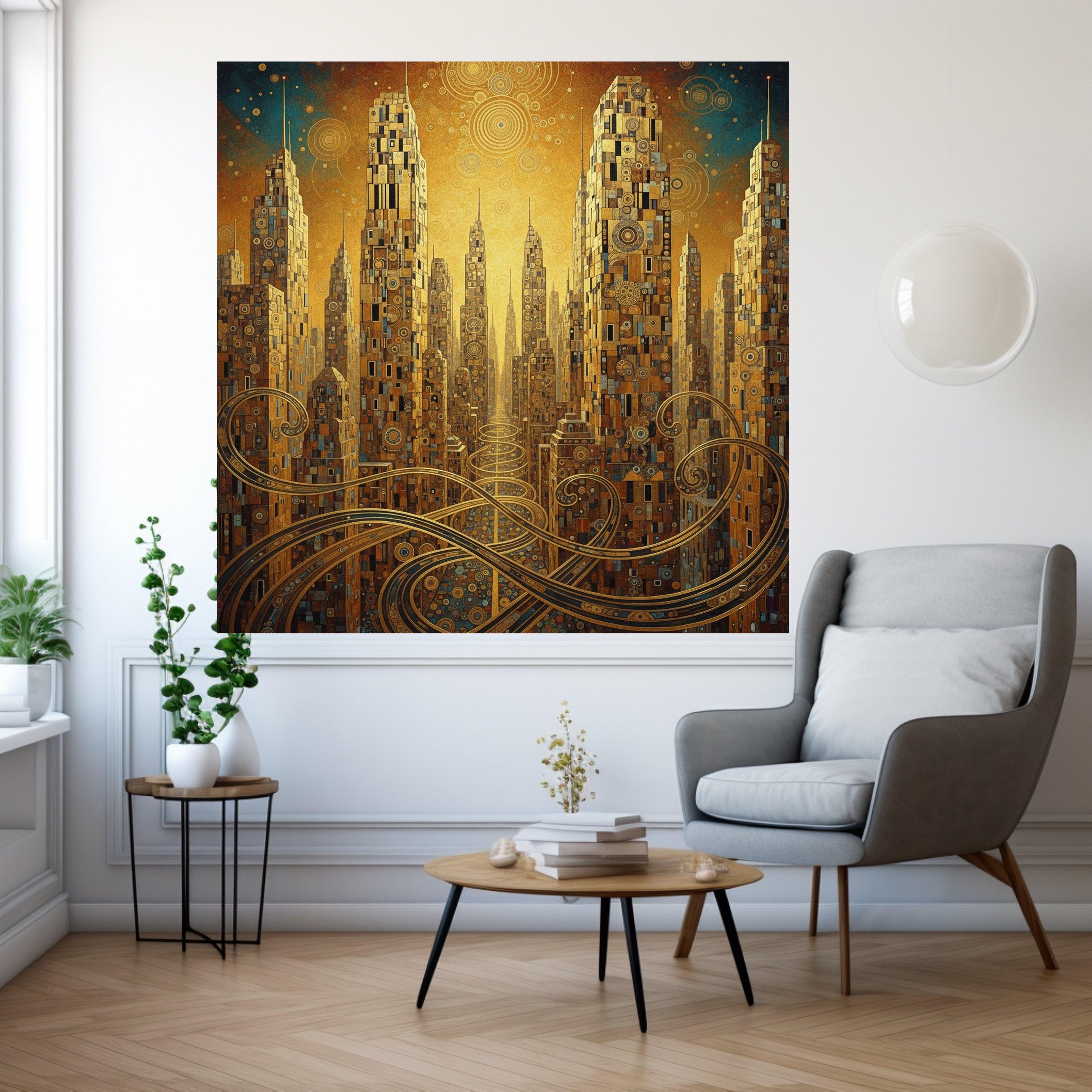 Golden Futuristic Cityscape Canvas, Gustav Klimt Abstract Architecture Wall Art, Urban Skyline Decoration, Modern Living Room Ready To Hang,