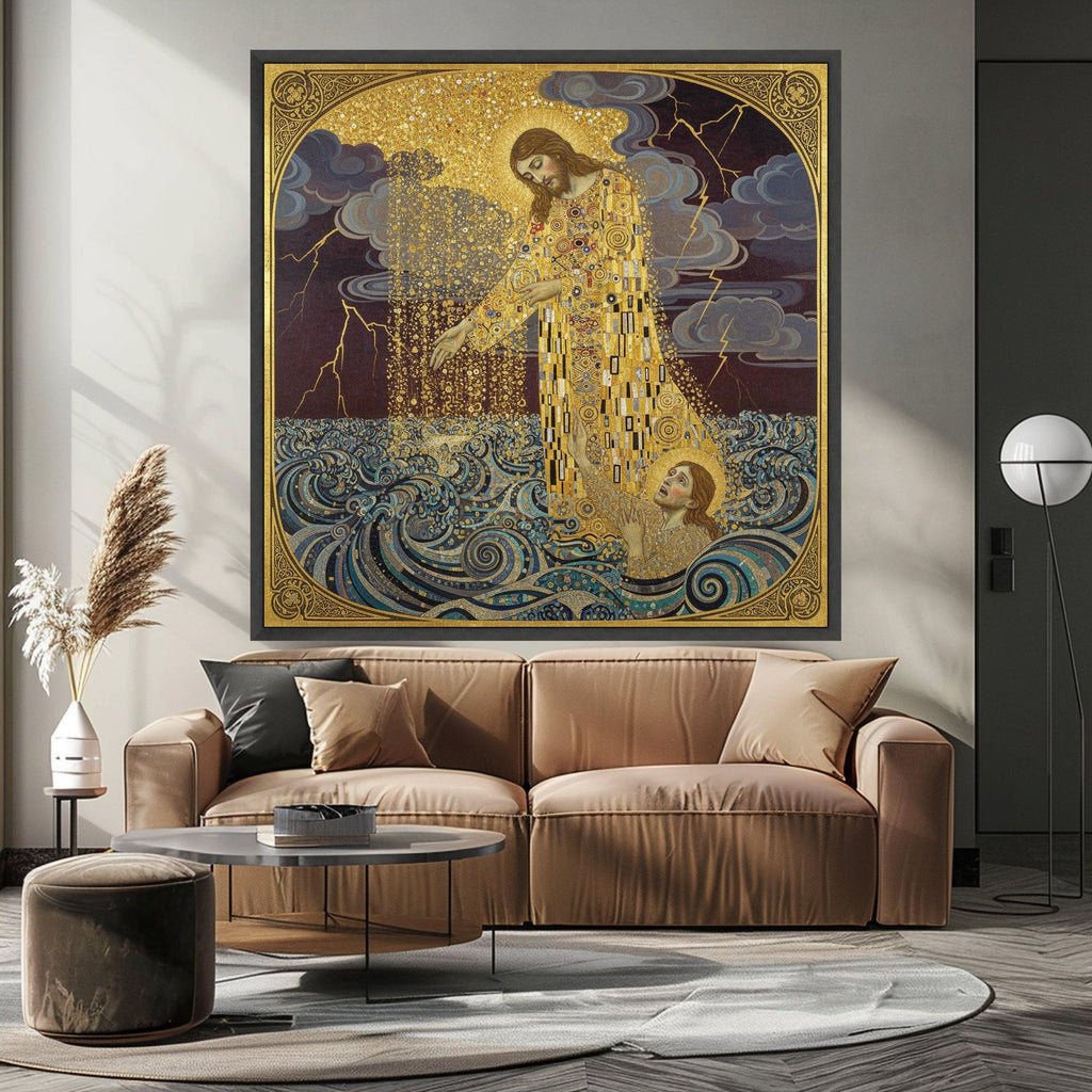 Gustav Klimt Jesus Saving Saint Peter Canvas Wall Art, Religious Gold Embellished Christian Painting, Spiritual Wall Decor, Ready To Hang,