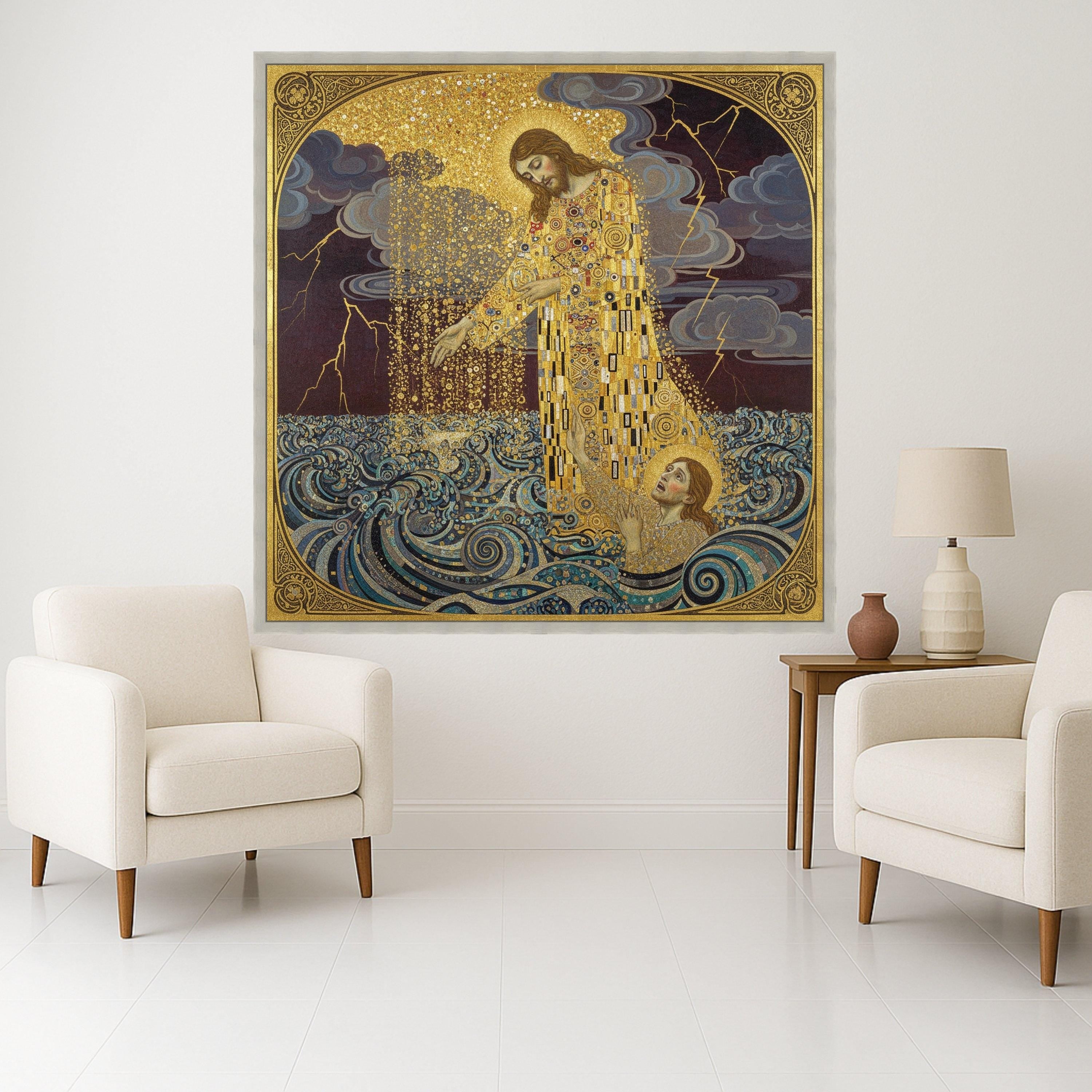 Gustav Klimt Jesus Saving Saint Peter Canvas Wall Art, Religious Gold Embellished Christian Painting, Spiritual Wall Decor, Ready To Hang,